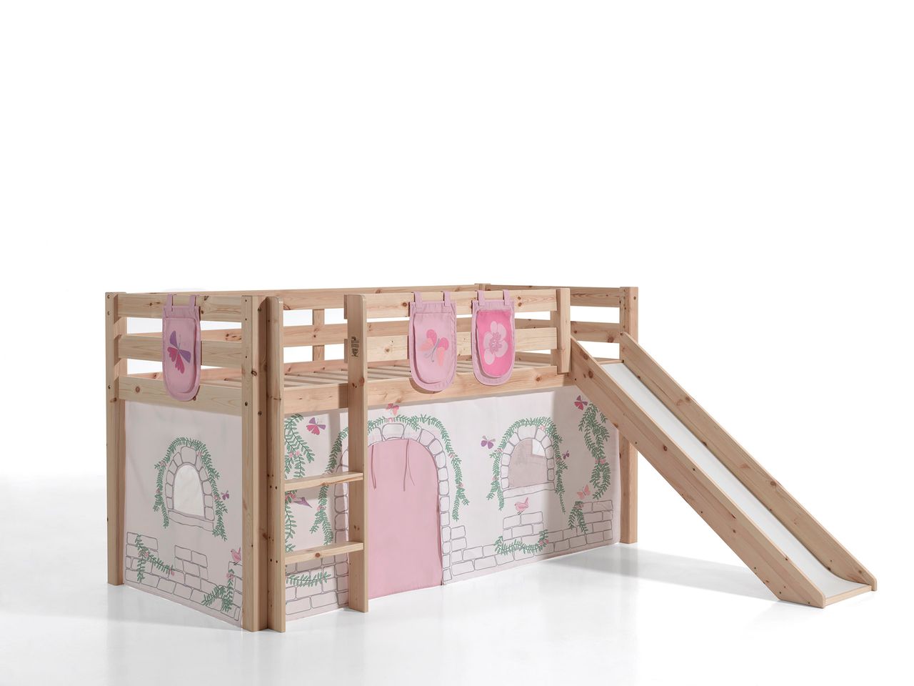VIPACK Spielbett Pino inkl. Rutsche mit Textilset Vorhang und 3 Taschen 