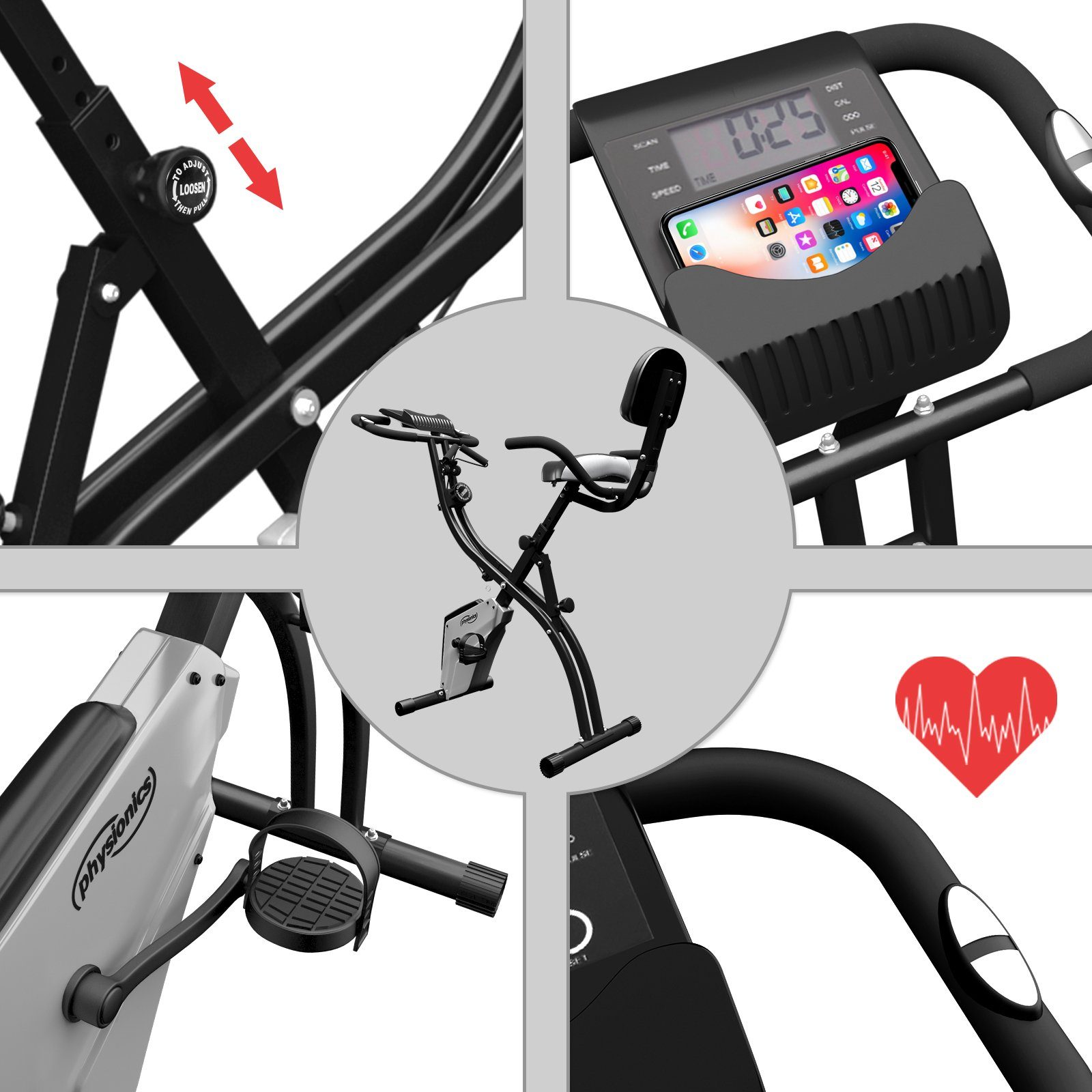 Physionics Heimtrainer Fahrrad Klappbar Fitnessbike 120kg Hometrainer Ergometer
