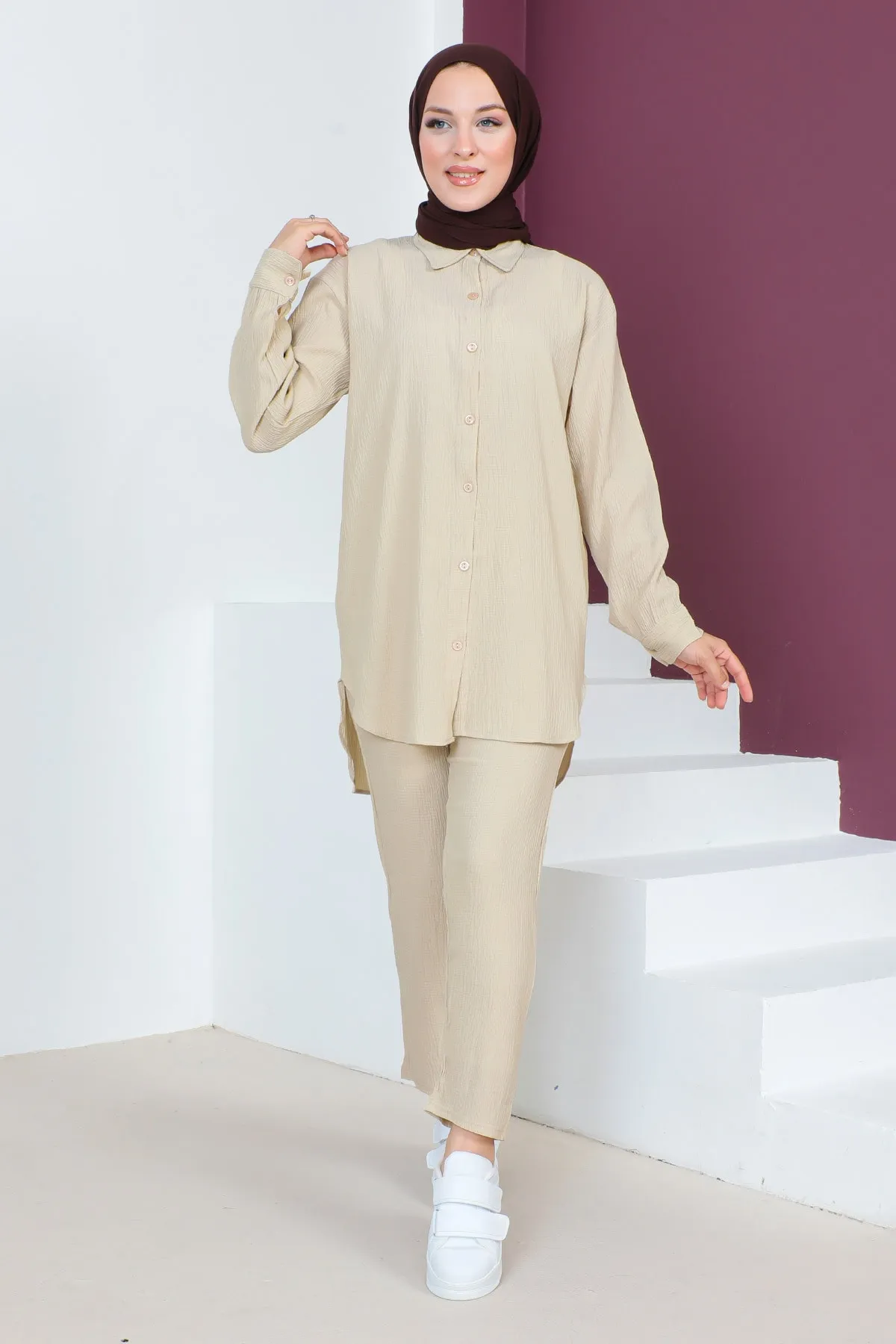 Tesettür Dünyası  Geknöpfter Doppelanzug TSD230632 Beige
