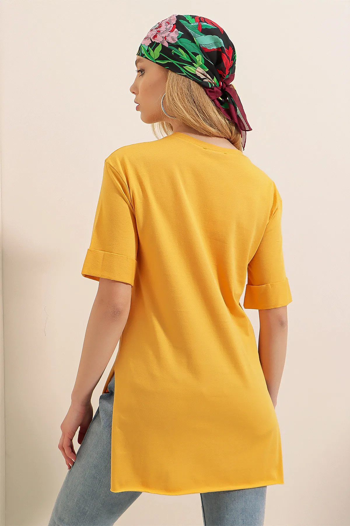 Bigdart  4123 Übergroßes T-Shirt mit Schlitz – Senf