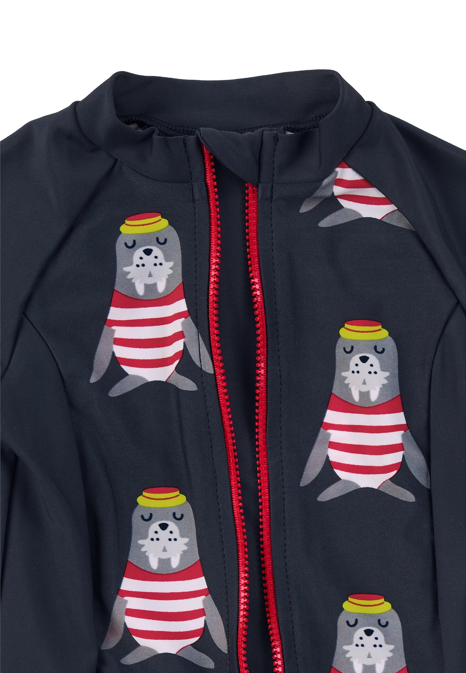 Sterntaler® Badeanzug Schwimmanzug uni + Robben Kinderbadeanzug - Schwimmanzug Jungen mit Windeleinsatz bis Größe 86/92 - Baby Badebekleidung - Badeoverall Baby in Marine mit Robben Motiv und kurzem Arm - Kinderbademode mit UV-Schutz 50+