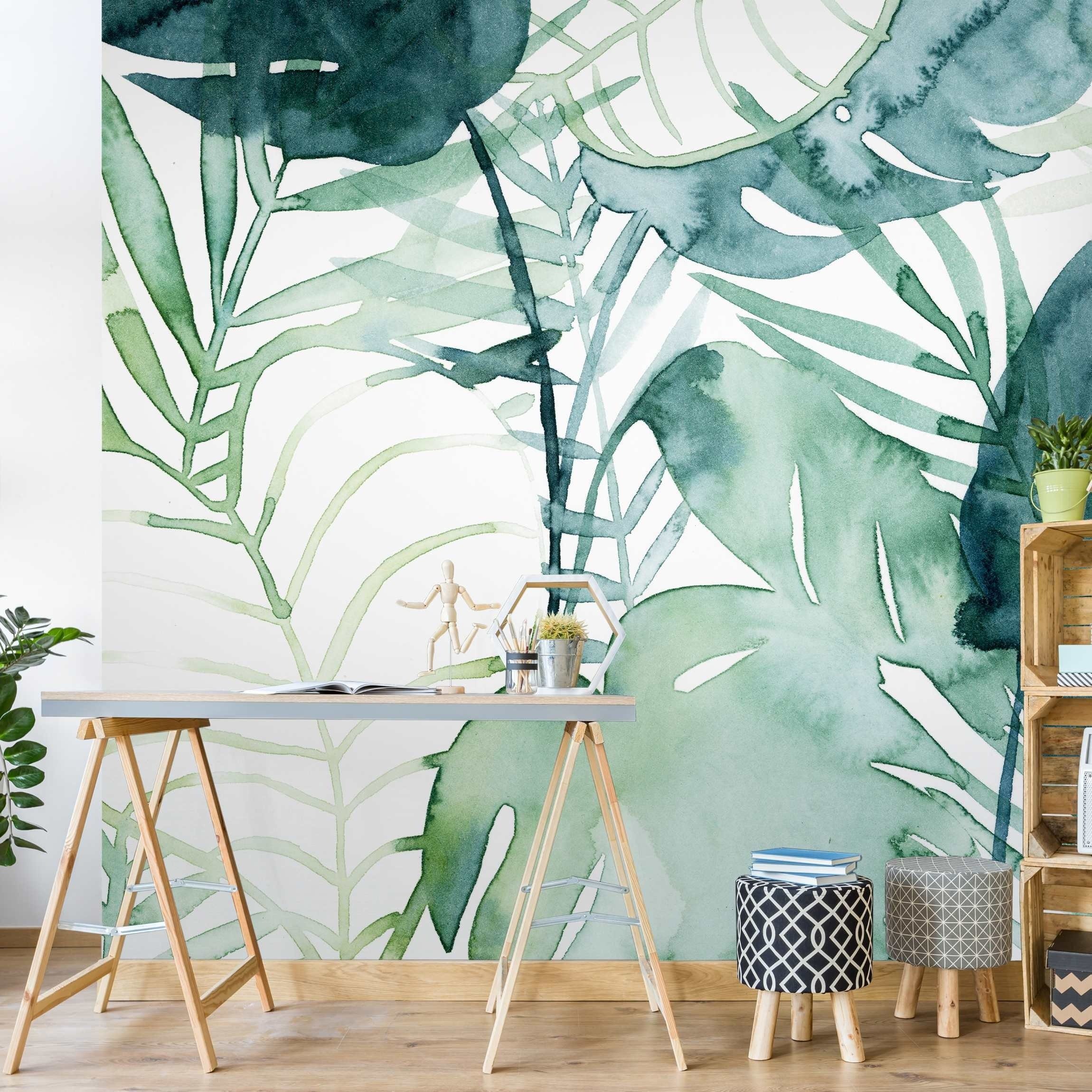 Bilderdepot24 Mustertapete Muster Palmwedel Wasserfarbe Aquarell Pastell Grün Tropical Natur, Glatt, Matt, (Inklusive Gratis-Kleister oder selbstklebend), Wohnzimmer Schlafzimmer Küche Flur gemusterte Vliestapete Wandtapete