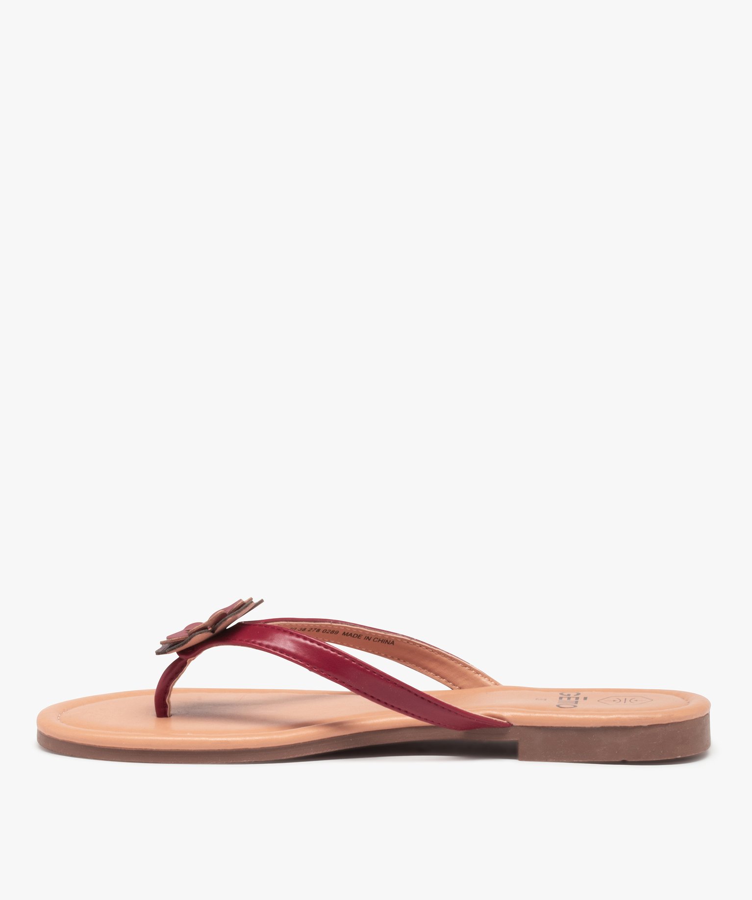 Tongs femme à petit talon plat et fleur sur l’entre-doigts rouge | GEMO