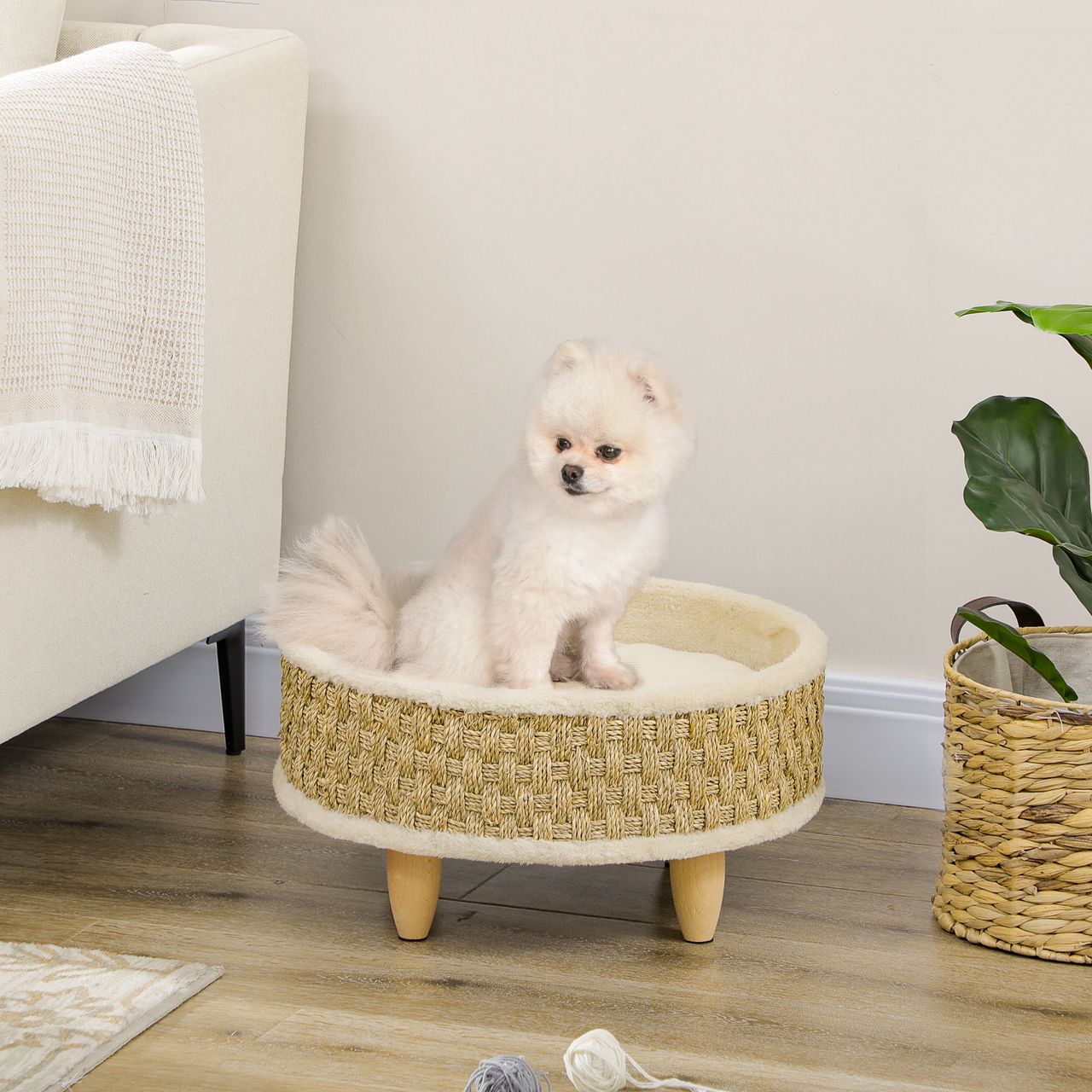 PawHut Hundebett, Erhöhtes Hundeliege mit Kissen, Katzenbett, Haustierbett, Rund