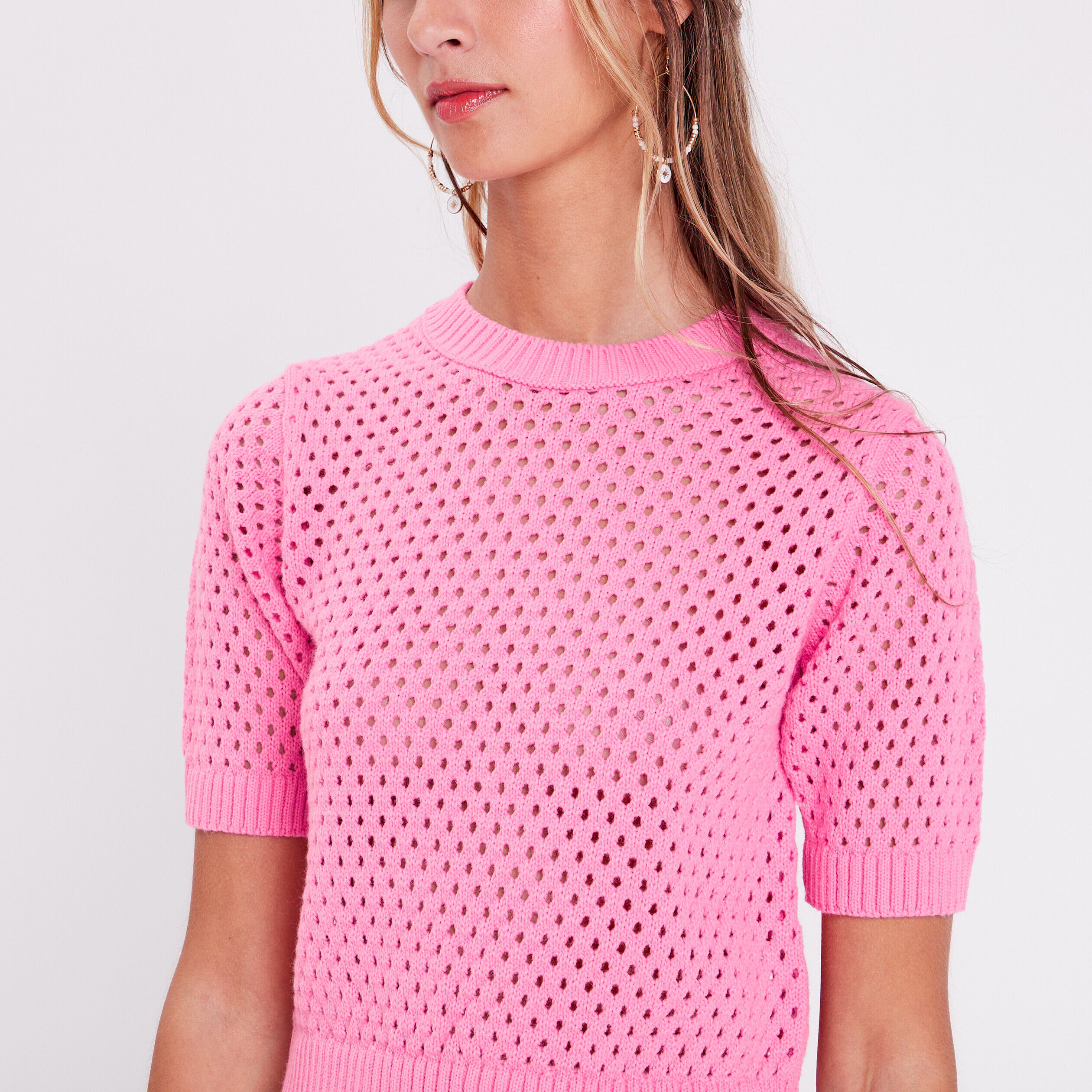 Pull manches courtes ajouré rose femme | Cache Cache