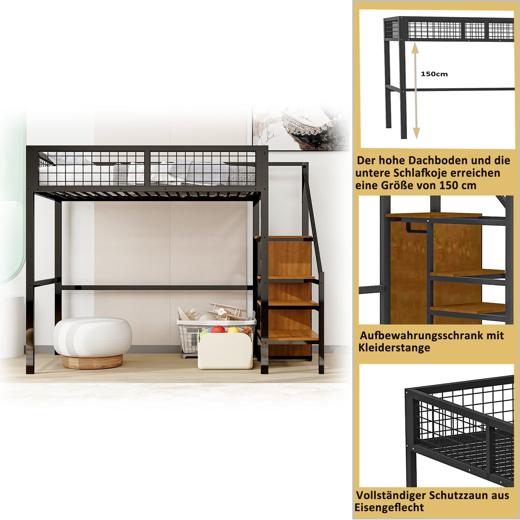 REDOM Metallbett Hochbett Einzelbett Stauraumbett Funktionsbett 90x200 cm (mit Leiter, Kinderbett mit Eisenrahmen und Aufbewahrungsregal, Kleiderschrank), ohne Matratze, Kein Stuhl