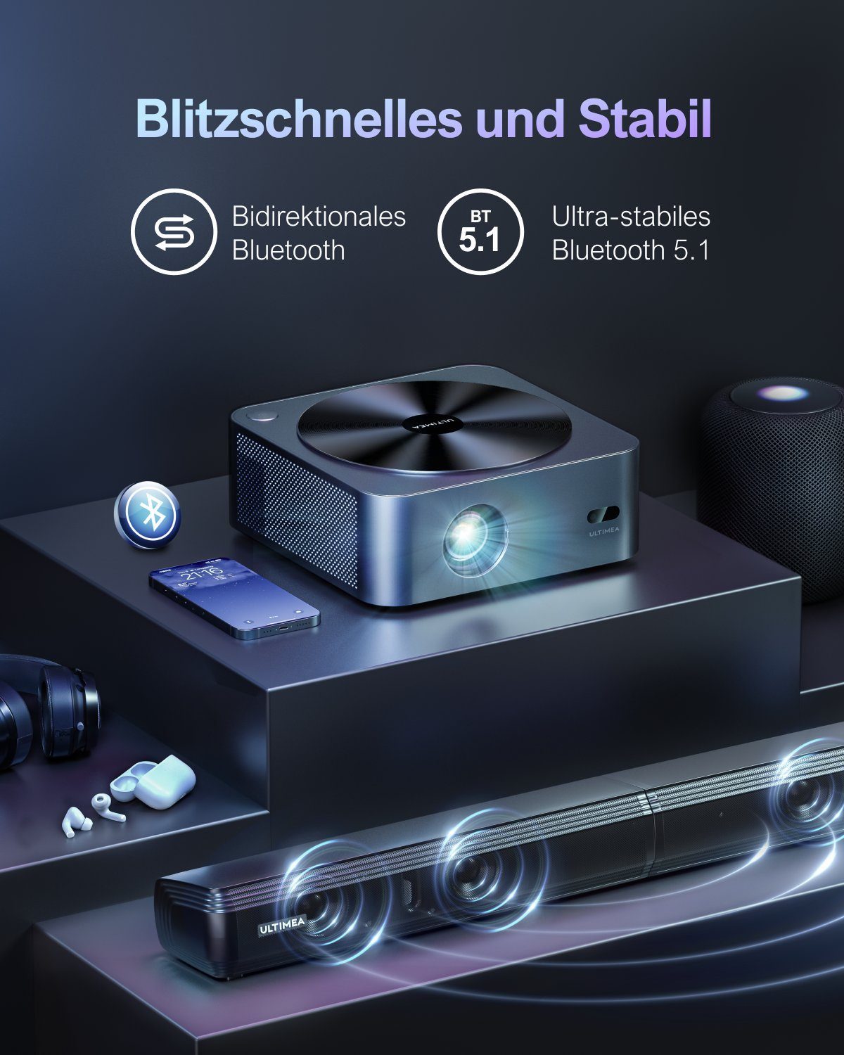 Ultimea Apollo P40 Full HD Native 1080P Beamer (21000 lm, 15000:1, 1920 x 1080 px, Autofokus & ±50° Autotrapezkorrektur,5G WiFi Bluetooth Beamer)