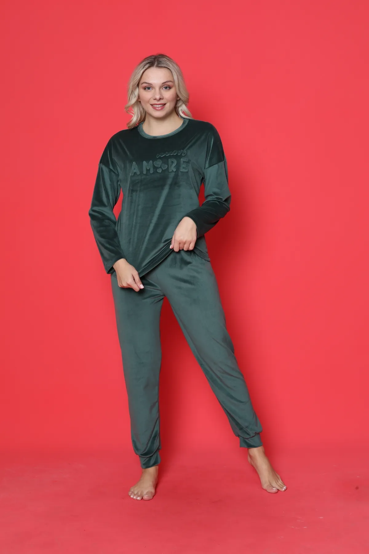 AHENGİM  Pyjama-Set für Jugendliche, französischer Samt, Amore, bedruckt, mit Spatenmanschette, Winter, saisonal, W20432250