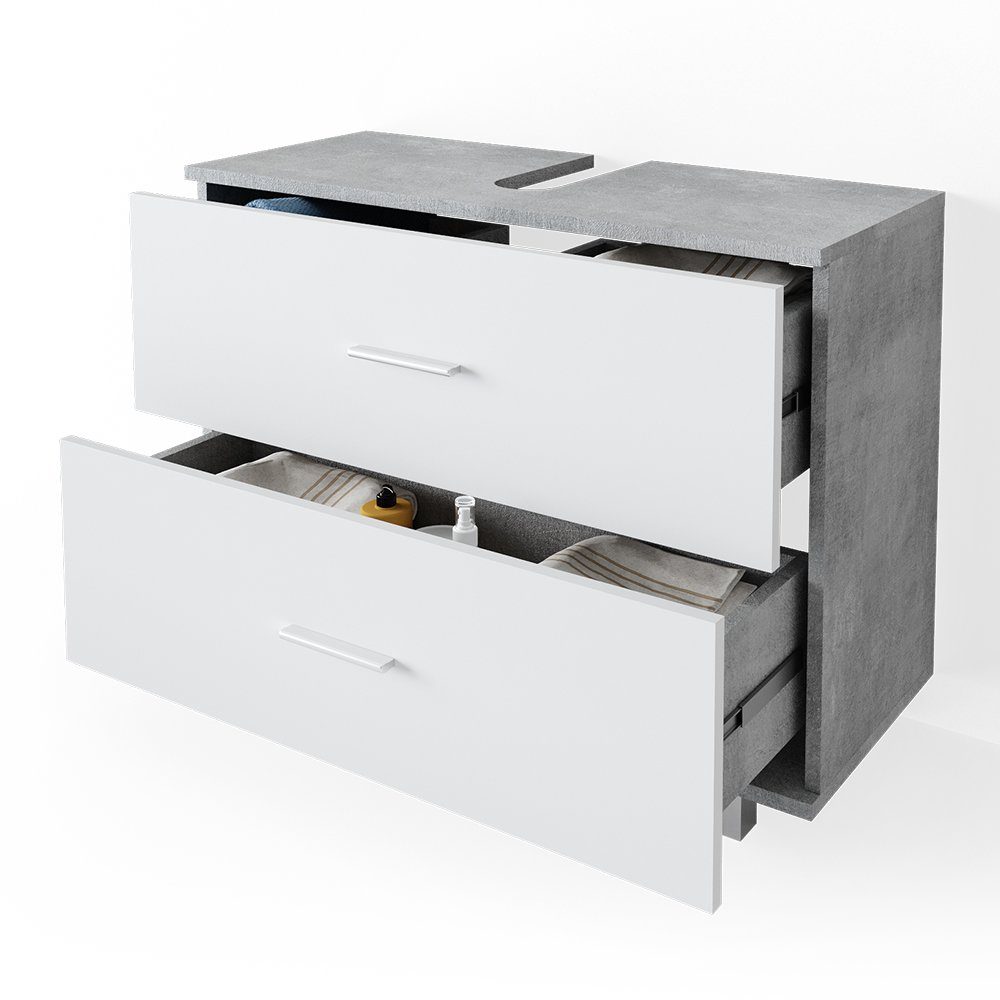 Vicco Waschbeckenunterschrank Waschtischunterschrank Badschrank ILIAS Beton Weiß Schublade