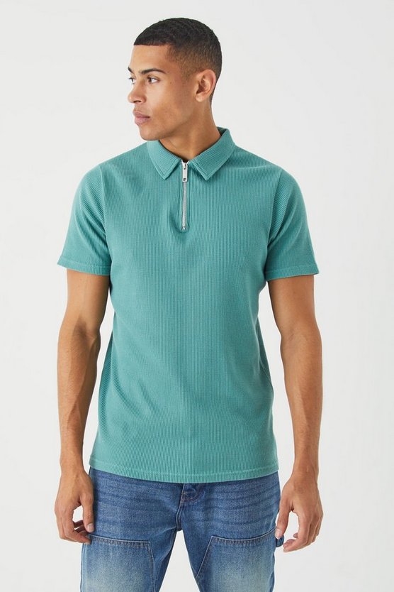 Slim-Fit Poloshirt in Waffeloptik mit 1/4 Reißverschluss