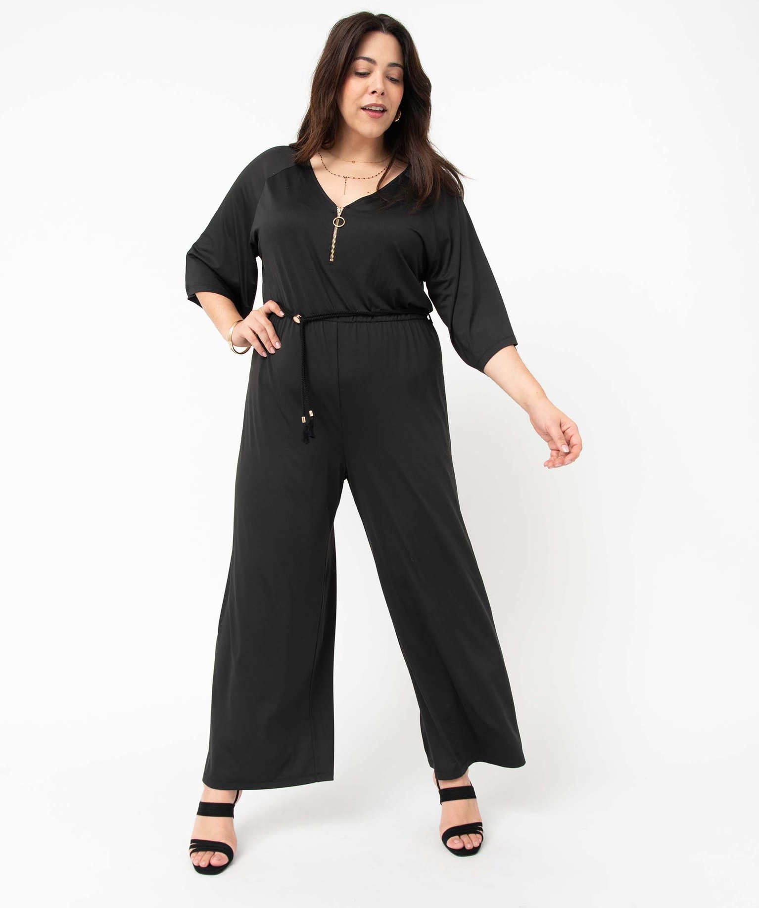 Combinaison pantalon femme grande taille en maille extensible noir | GEMO