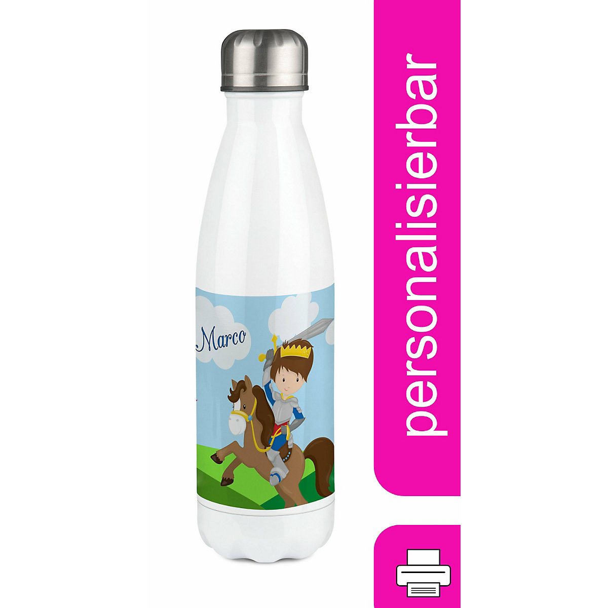 Edelstahl Kinder Thermoflasche / Trinkflasche bunt Ritter Spülmaschinenfest, Auslaufsicher, Bruchfest, Doppelwandig, Für Heißgetränke geeignet, Mit Deckel, Isoliert