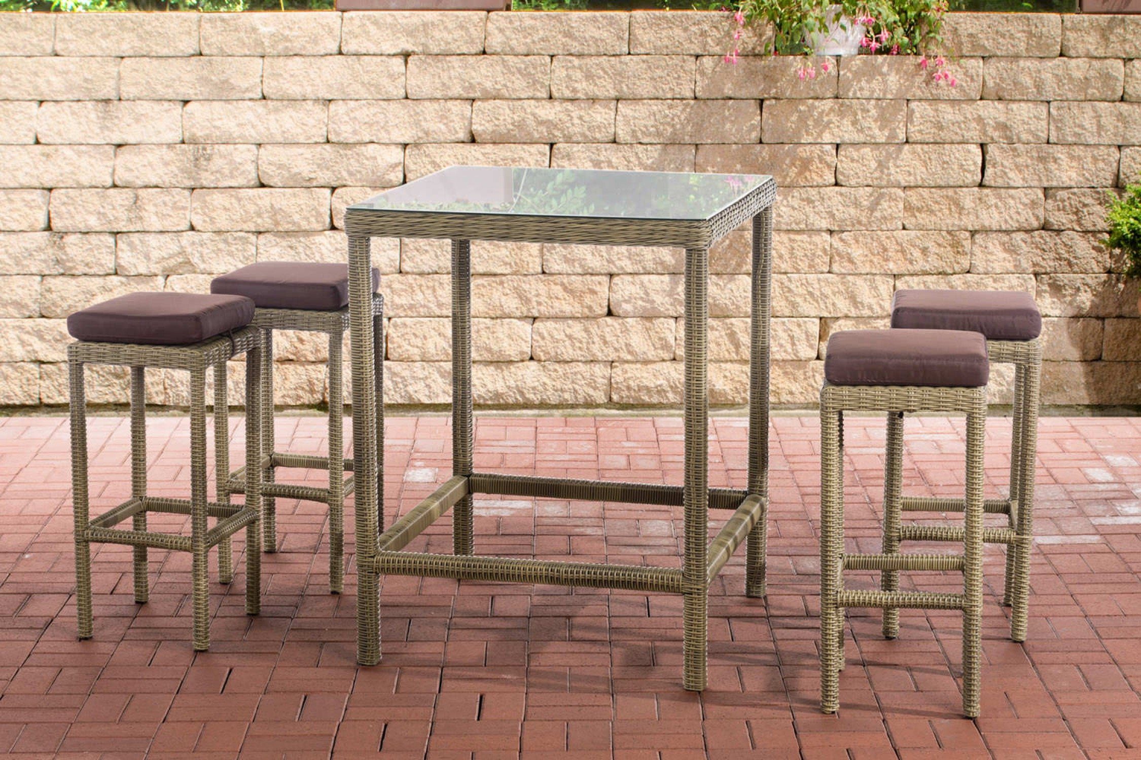 TPFGarden Gartenbar-Set Alina - aus 5mm Polyrattan und Aluminium-Gestell, (Stehtisch-Set mit 4 Hockern und Kunstlederauflagen, Gartenlounge-Set - wasserfest, pflegeleicht und UV-beständig), Maße (TxBxH): Tisch 84 x 84 x 110,5cm - Hocker 37 x 37 x 74,