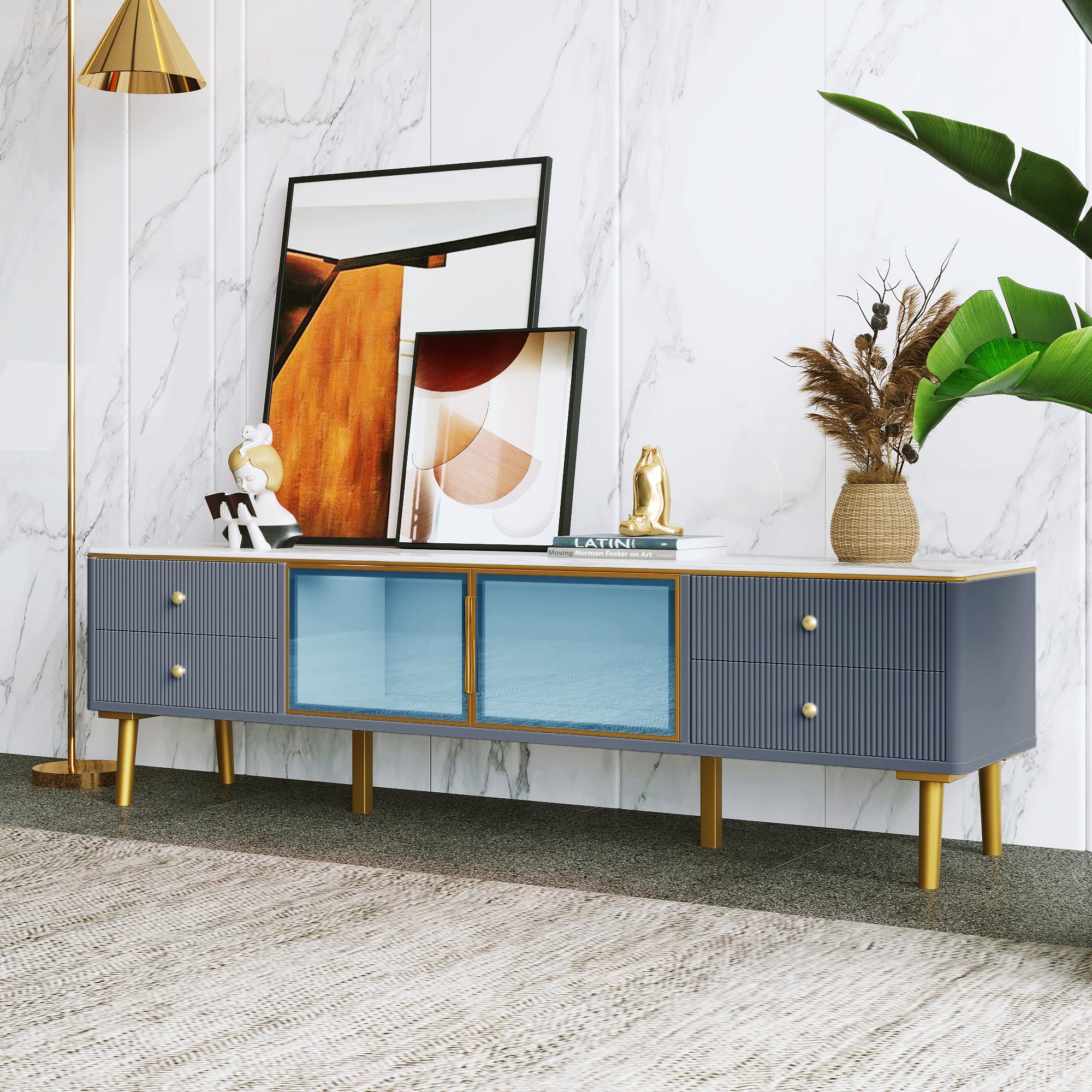 OKWISH TV-Schrank TV Schrank in Mamoroptik,Modernes TV-Lowboard für Wohnzimmer (4 Strukturierte Schubladen mit Goldenen Griffen, und zwei Braune Türen aus Gehärtetem Glas) für Wohnzimmer, 170*37*47,5cm