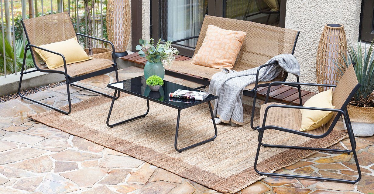 Grand patio Gartenlounge-Set Balkonset, Glas+Stahl, (Set, 4-tlg., 1 Couchtisch, 1 Sitzbank, 2 Stühlen)
