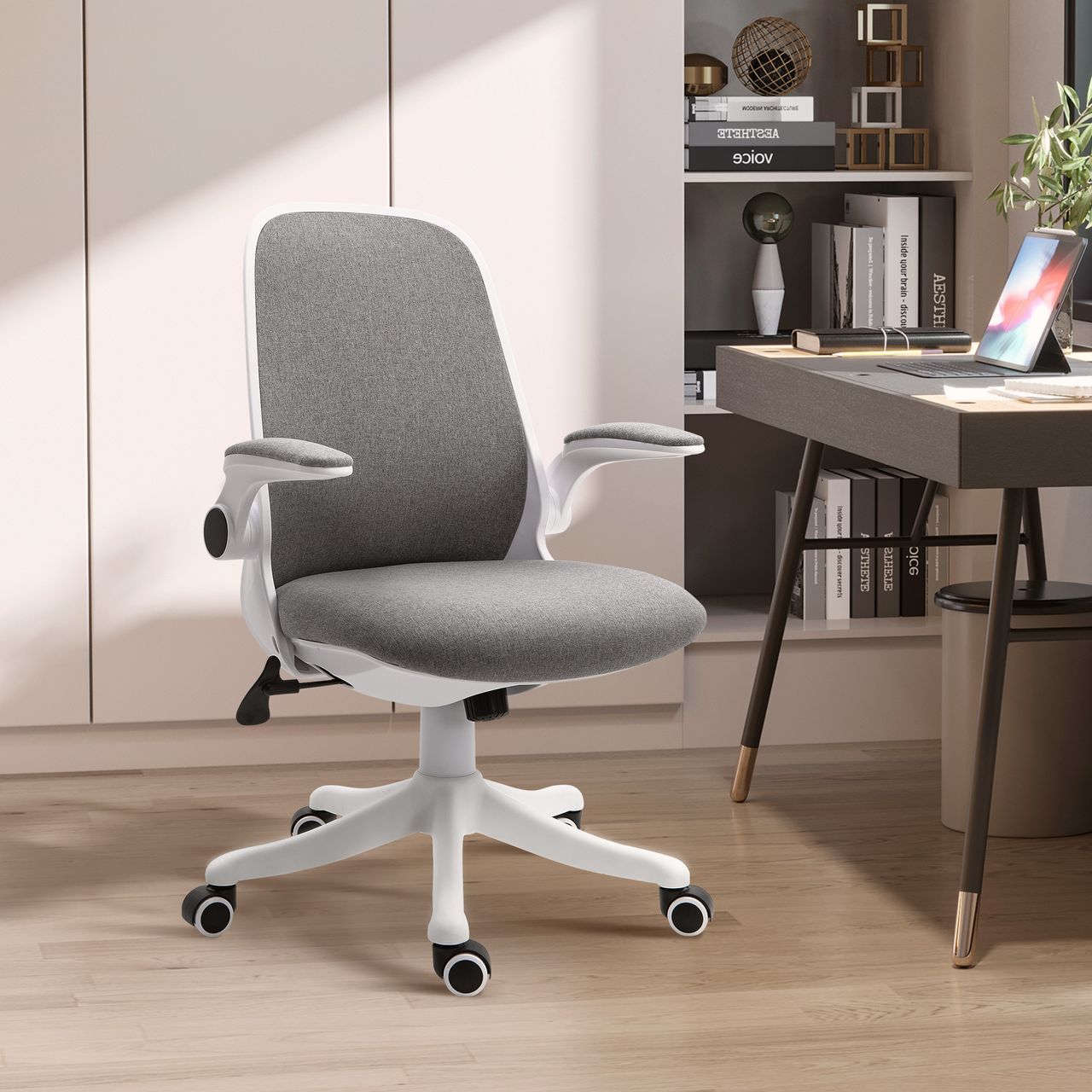 HOMCOM Bürostuhl Schreibtischstuhl Drehstuhl mit Wippfunktion Armlehne verstellbar höhenverstellbar ergonomisch Leinenimitat Nylon Grau Weiß 62,5 x 60 x 90-98 cm