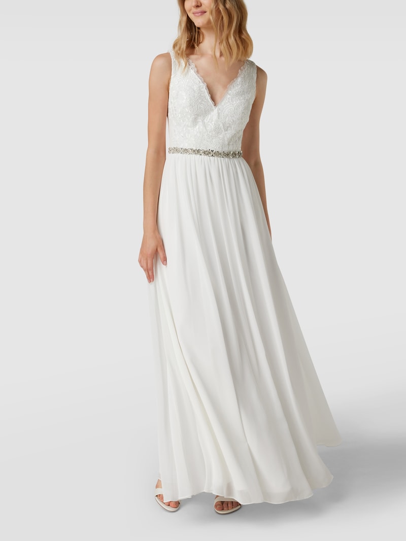 Brautkleid mit Ziersteinen und floraler Spitze in ecru