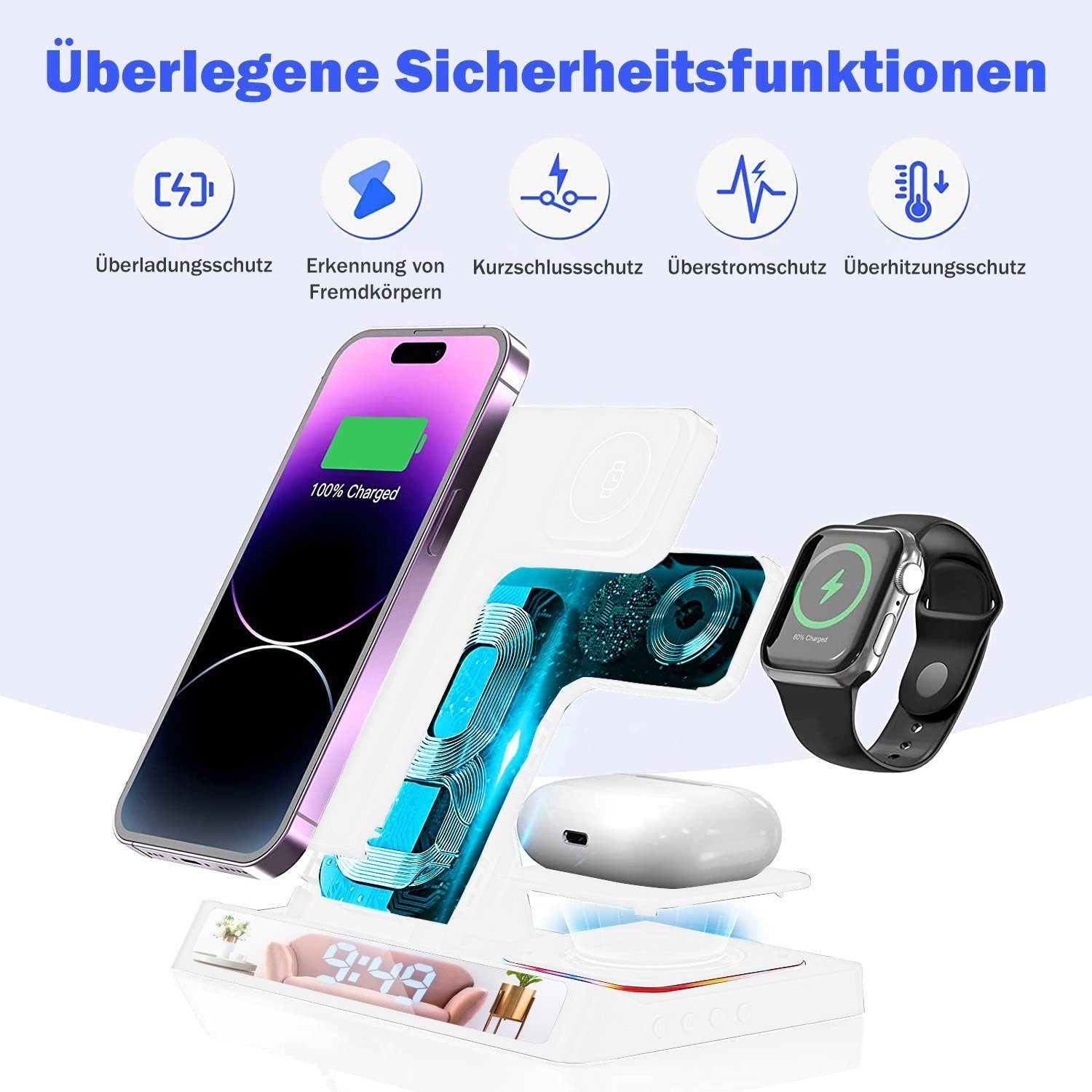 Yaviel Handy-Dockingstation Induktive Ladestation 4 in 1 Kabellose Ladegerät Wireless Charger, (für Apple iWatch iPhone Airpods Handy Charging Station, mit USB Kabel für iPhone 14 13 12Pro Mini Pro Max)