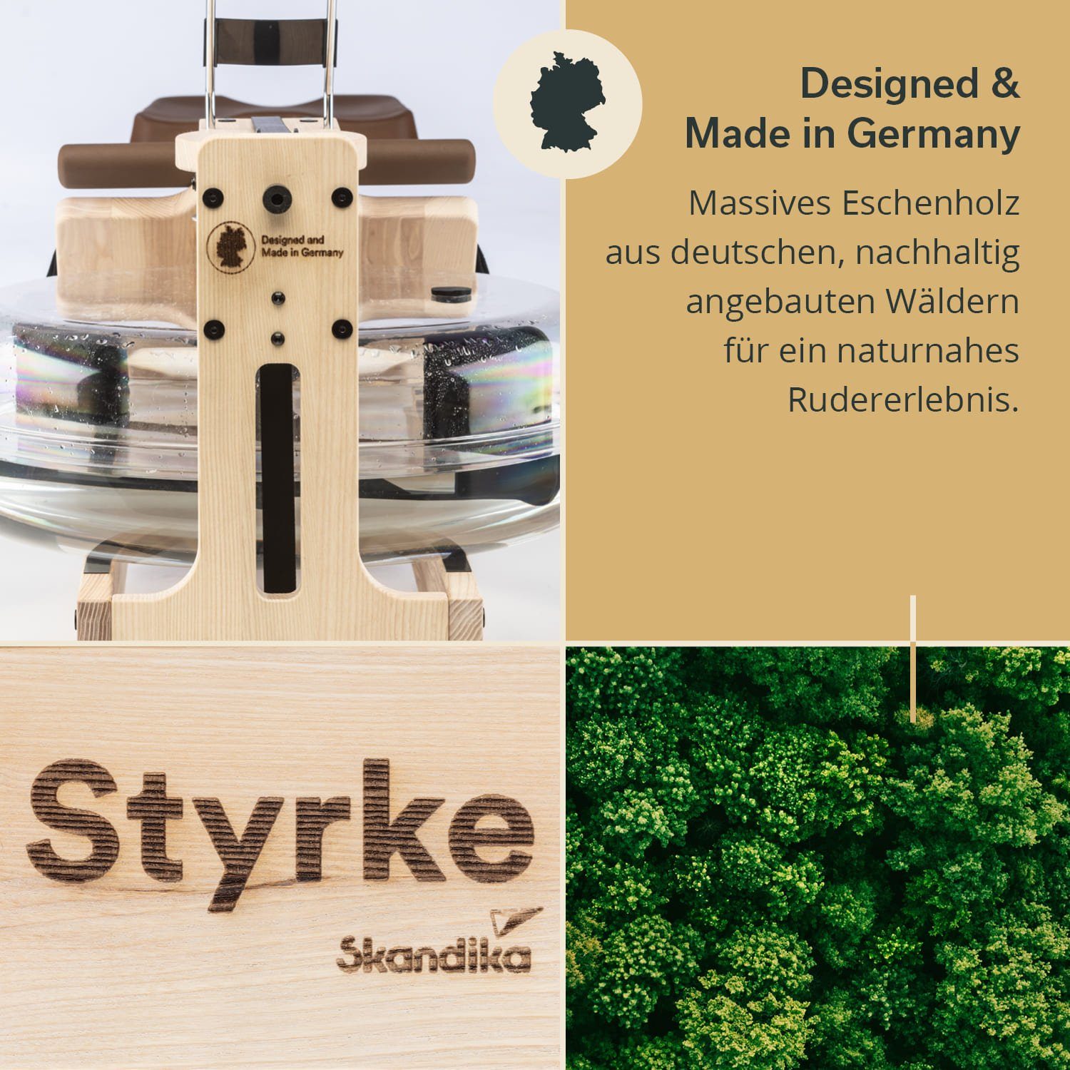 Skandika Rudergerät SKANDIKA Styrke (arktisweiß/braun), Rudergerät Wasser aus Holz, Wasserrudergerät für Zuhause, Esche