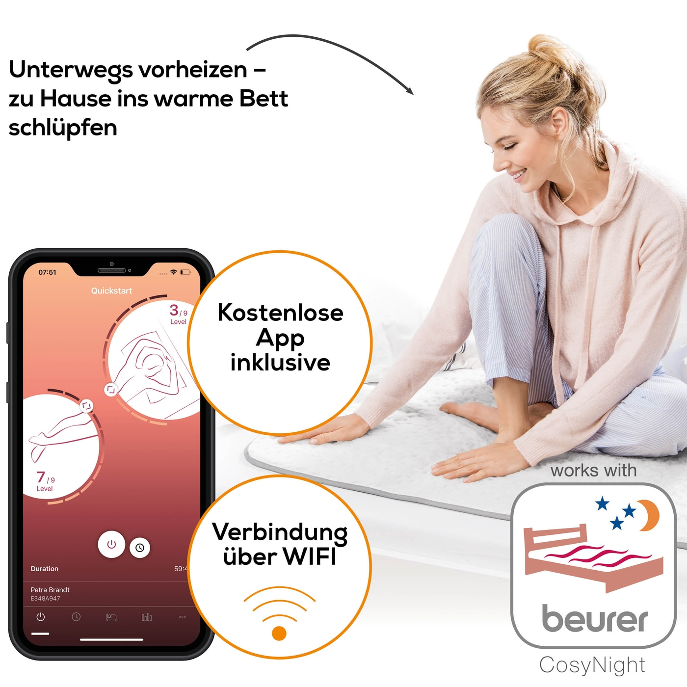 Beurer Komfort-Wärmeunterbett UB 190 CosyNight-App-gesteuertes Wärmeunterbett mit 2 Wärmezonen & Wärmerückschaltung - 150 x 80 cm