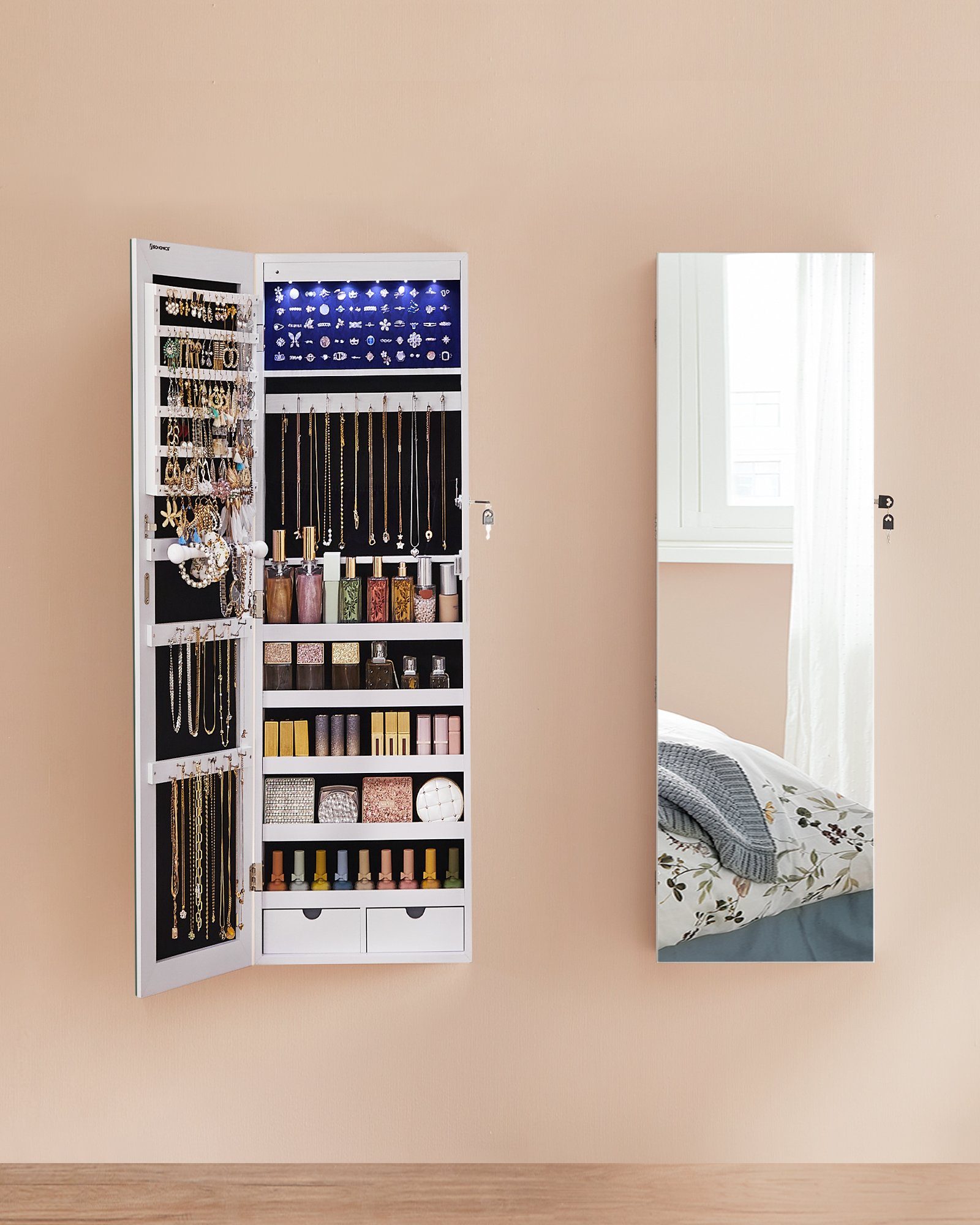 SONGMICS Schmuckschrank Spiegelschrank mit LED und Ganzkörperspiegel, weiß