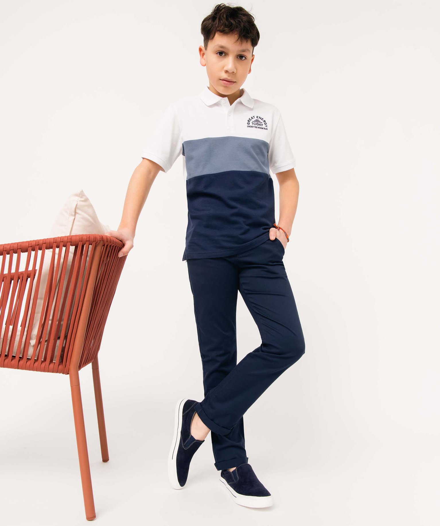 Pantalon Garçon chino uni à revers bleu fonce | GEMO