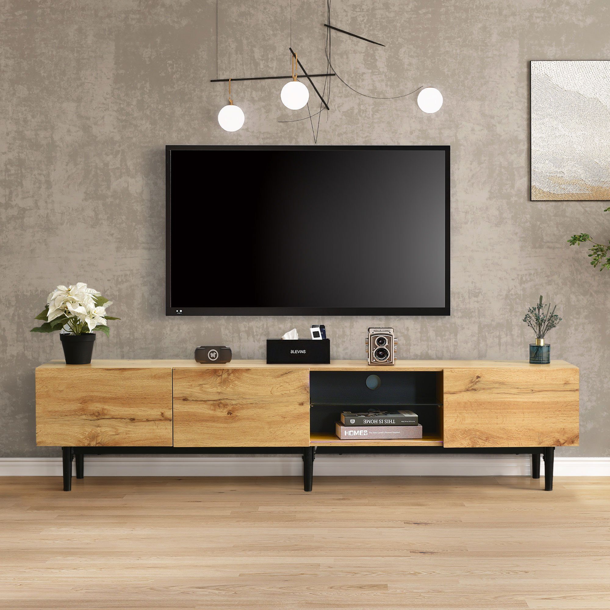 HAUSS SPLOE TV-Schrank TV-Lowboards TV Schrank Fernsehschrank TV-Tisch (mit Holzmaserung, variable LED-Leuchten) 7 Arten von LED-Leuchten, Verschiedene Funktionen