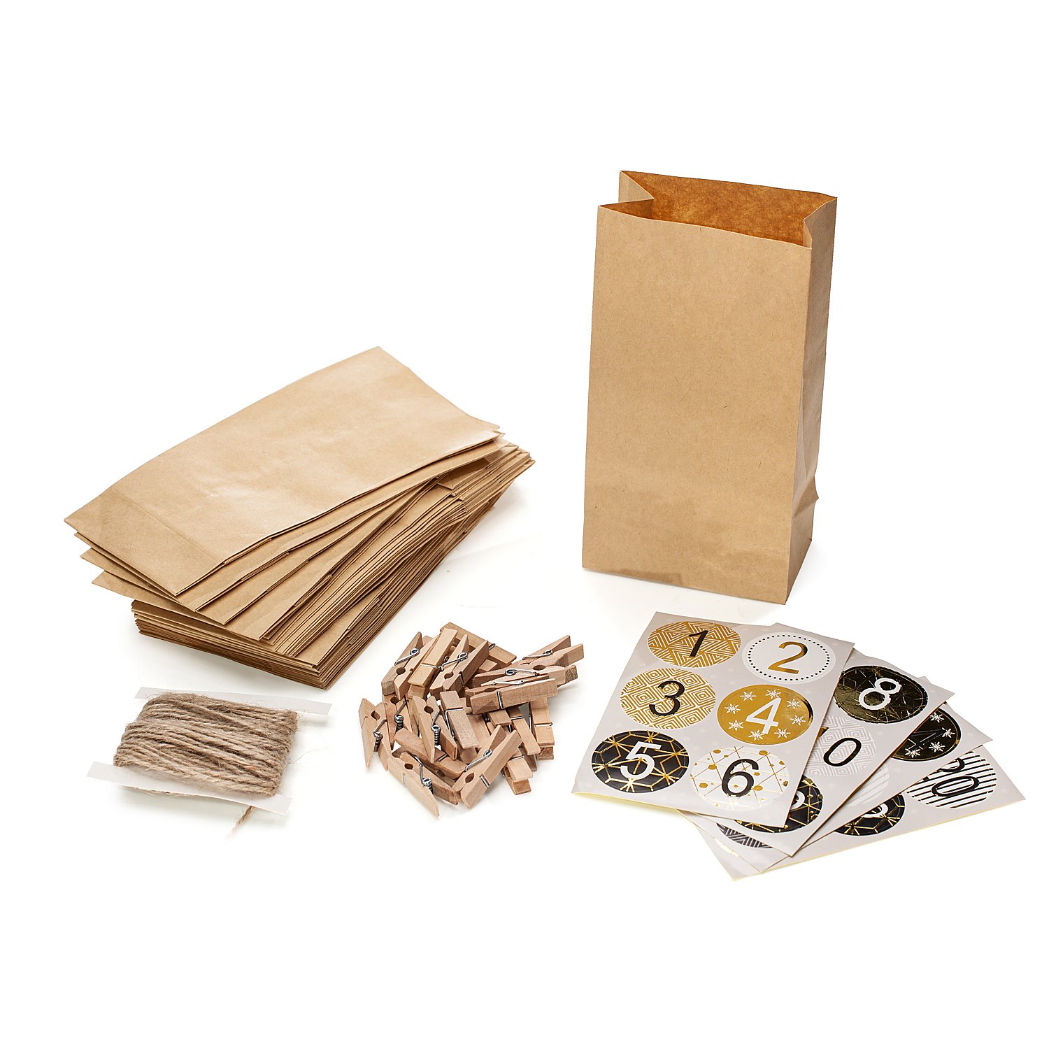 Adventskalendertüten-Set, natur-gold-schwarz, 24 Stück