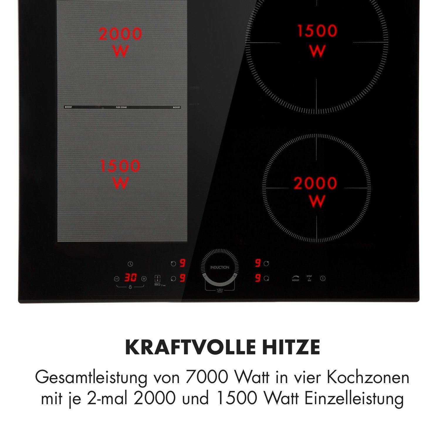 Klarstein Induktions-Kochfeld Delicatessa 60 Hybrid Einbaukochfeld Induktion Autark 4 Zonen 7000W Glaskeramik CP4-Delicatessa60HY, Einbau Induktionskochfeld 4 Kochfelder Platten Induktionsherd autark