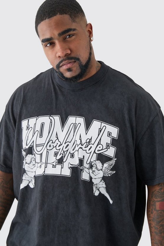 Plus Oversize T-Shirt mit Homme Dept Print und Acid-Waschung