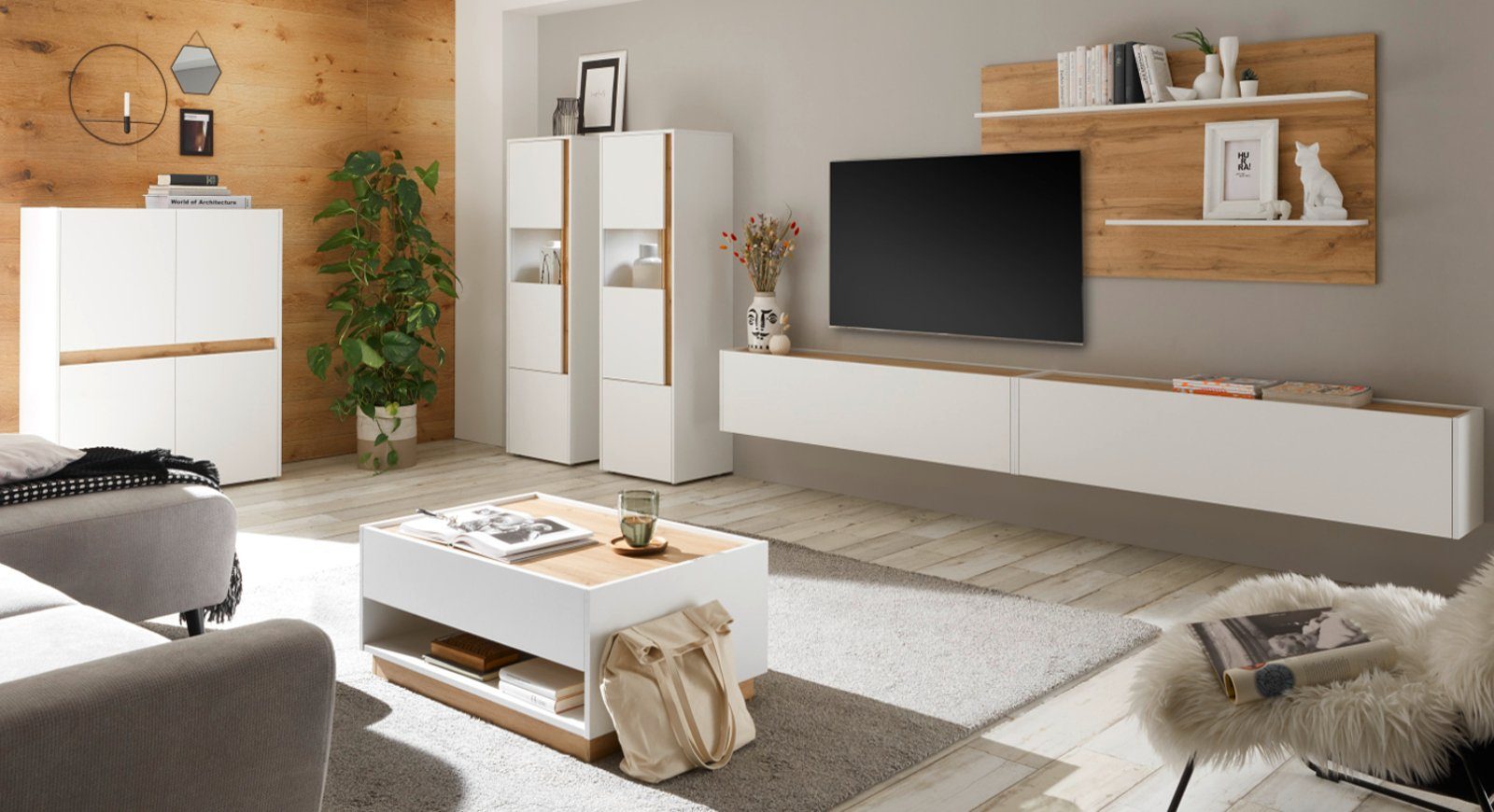 Furn.Design Wohnwand Center, (Set 5-teilig in weiß mit Wotan Eiche, 440 x 180 cm), mit Hänge-Lowboard
