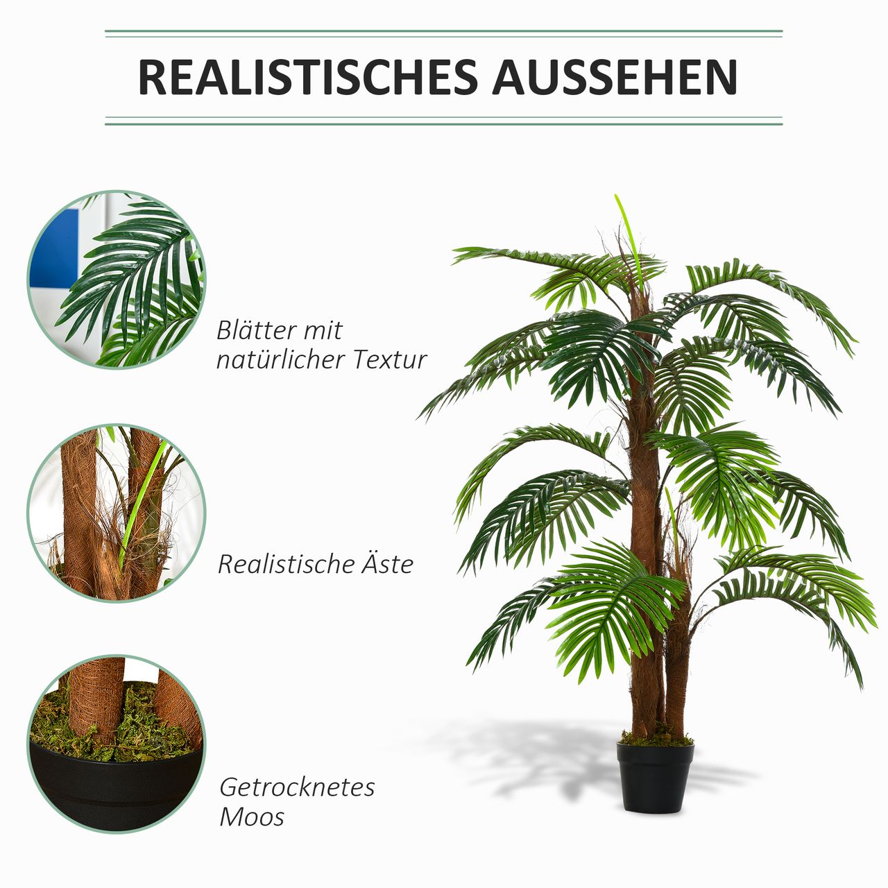 HOMCOM künstliche Pflanzen 120 cm künstlicher Palmen Palme Kunstpflanze Zimmerpflanze Dekopflanze Büropflanze Kunststofftopf für drinnen und draußen