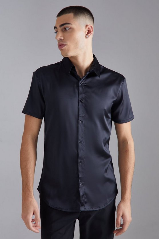Kurzärmliges Muscle-Fit Hemd aus Stretch Satin