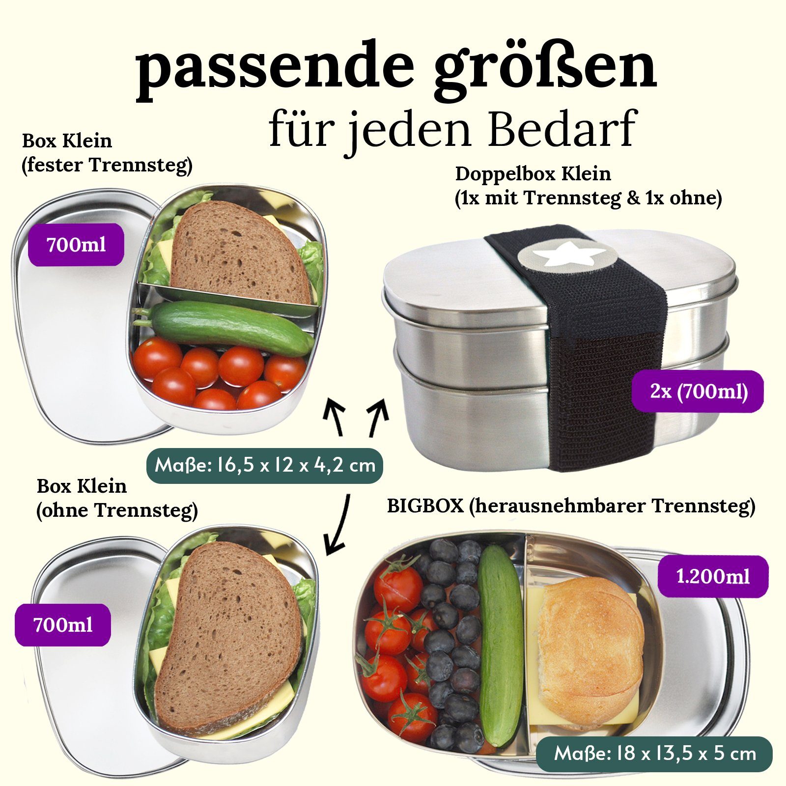 BewusstGrün Lunchbox DottyBox Edelstahl Brotdose mit Fächern für Kinder, DottyBox mit Steg, (Original DottyBox-System mit Klettband), Personalisierbare Brotdose für Kindergarten und Schule