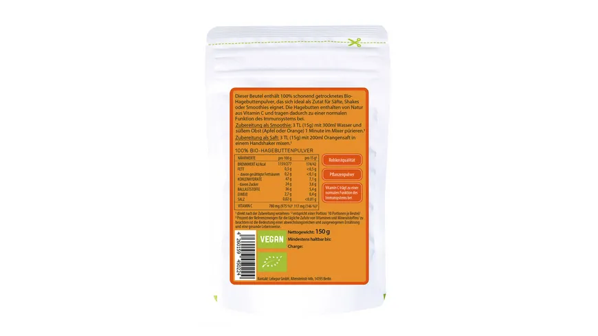 LEBEPUR Superfood Pulver Hagebutte Bio 160 g