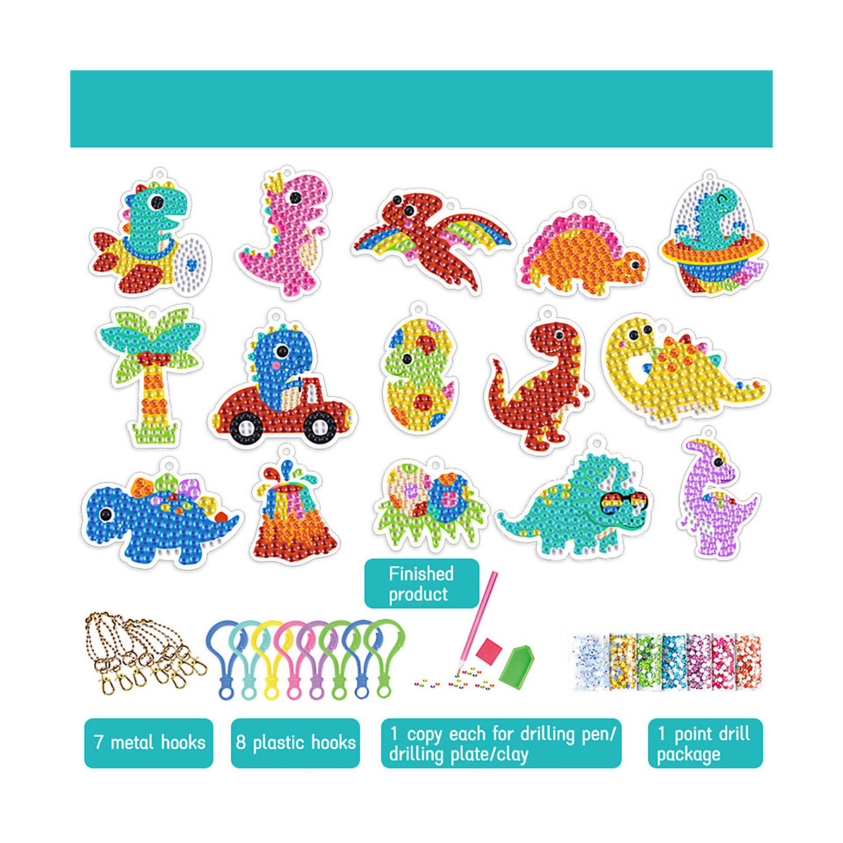 Diamand Painting Schlüsselanhänger Dinosaurier,15 Stücke Mosaiksets für Mädchen