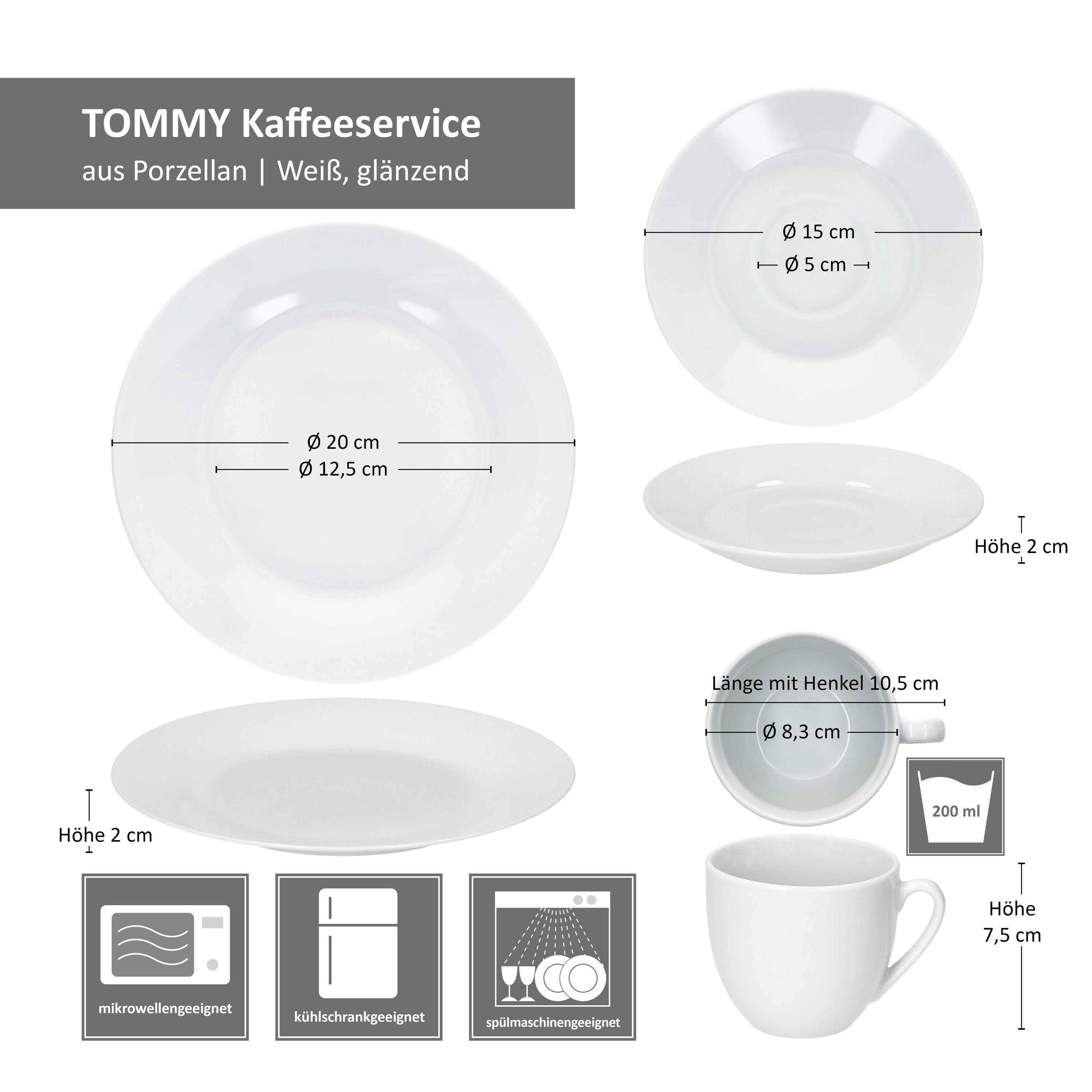 MamboCat Kaffeeservice 18tlg Kaffeeservice Tommy weiß Porzellan 6 Personen Dessertteller, Porzellan