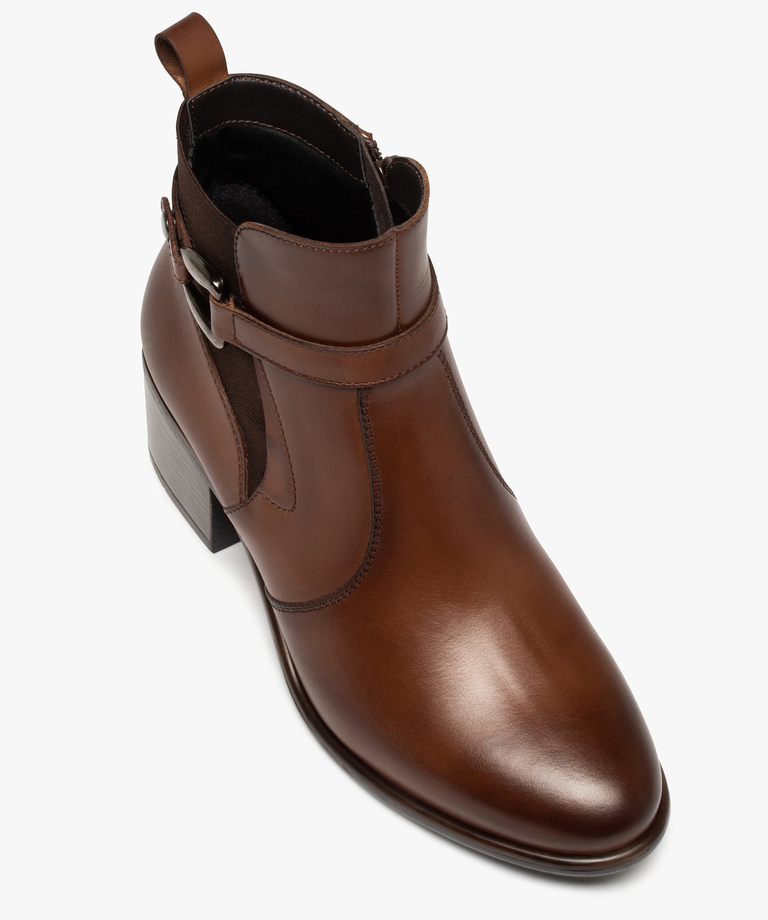 Boots femme à talon carré dessus en cuir uni à zip et bri... marron | GEMO