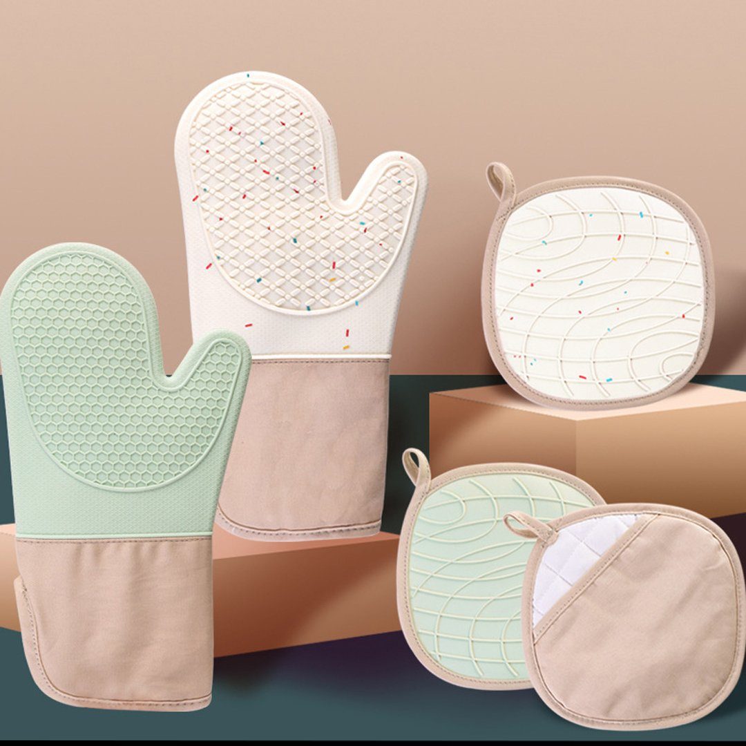 FIDDY Topfhandschuhe Ofenhandschuh- und Topflappenset mit hitzebeständigen, (Silikonofenhandschuhen und einem Hitzeschutz, 1-tlg), geeignet für das Kochen und bestehend aus einem Set mit 3 Teilen.
