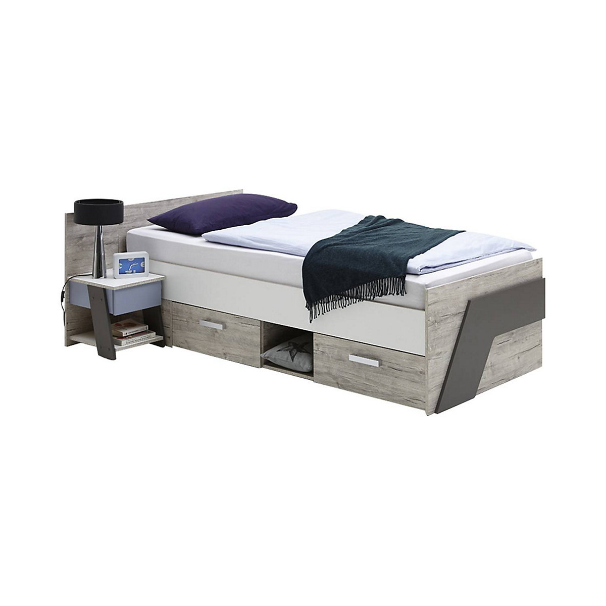 Jugendzimmer Set mit Bett 90x200 cm 5-teilig mit Kleiderschrank LEEDS-10 in Sandeiche Nachbildung mit weiß, Lava und Denim Blau