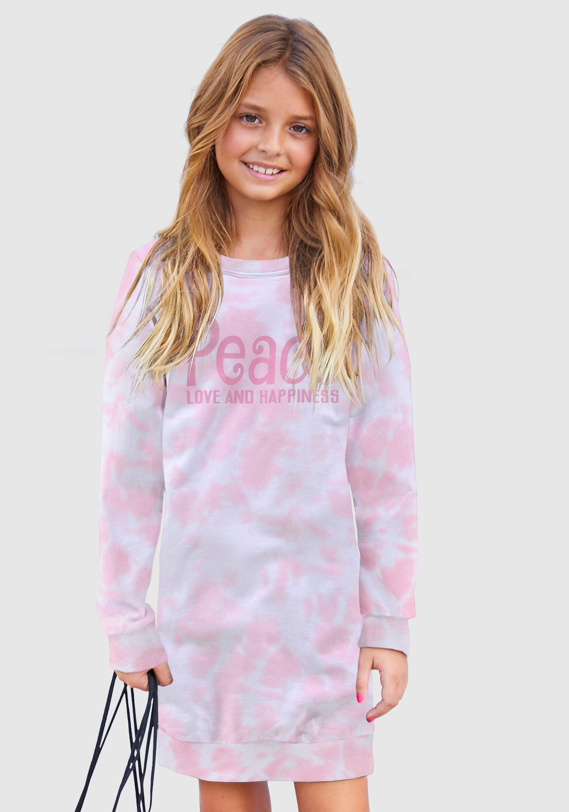 KIDSWORLD Sweatkleid Peace Love and Happiness Batikmuster