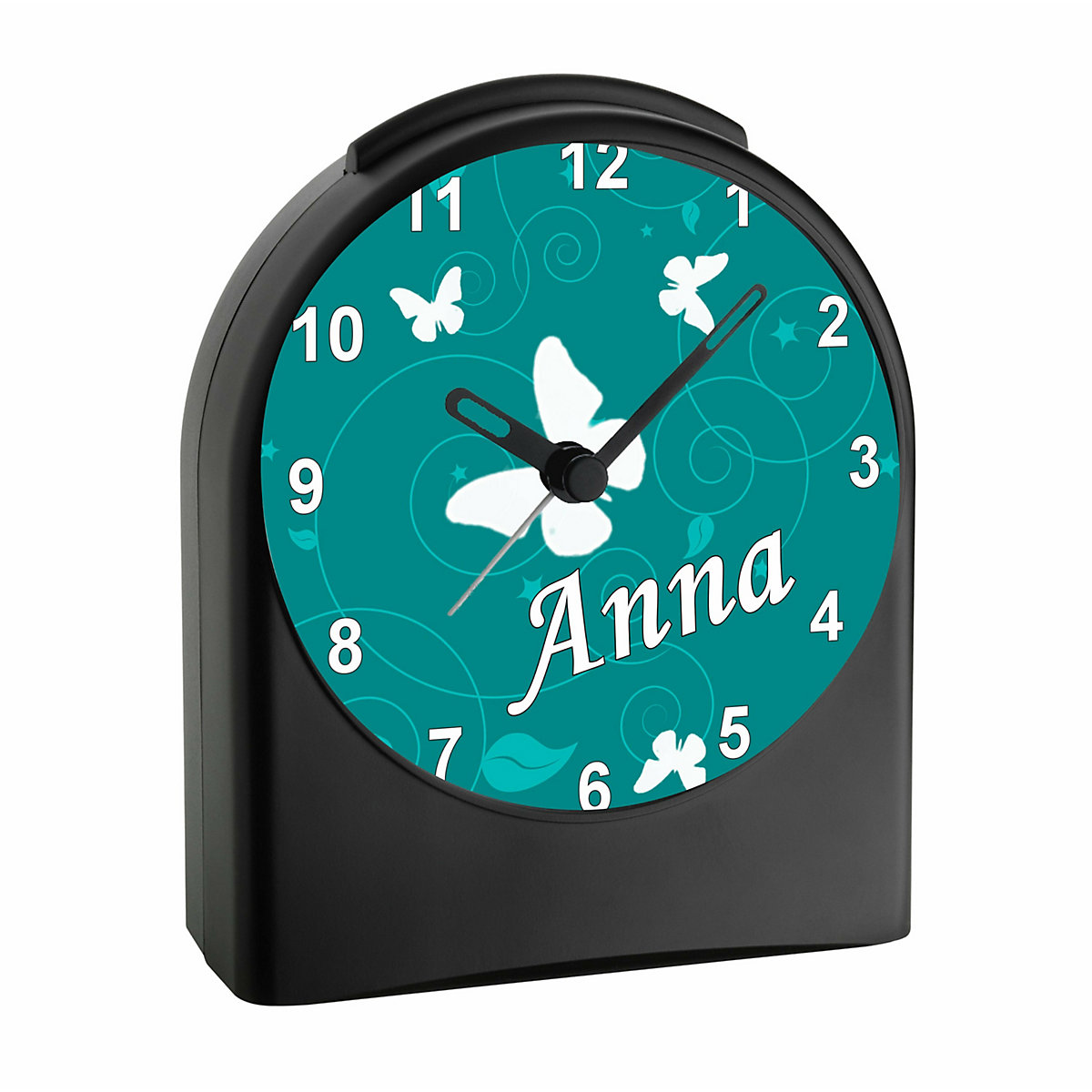 Kinder Funkwecker personalisiert mit Namen Schmetterling Ornamente Atom-/Funkuhr, 12-Stunden-Anzeigeformat, Schlummerfunktion, Nachtlicht, Geräuschlos/Ohne Ticken