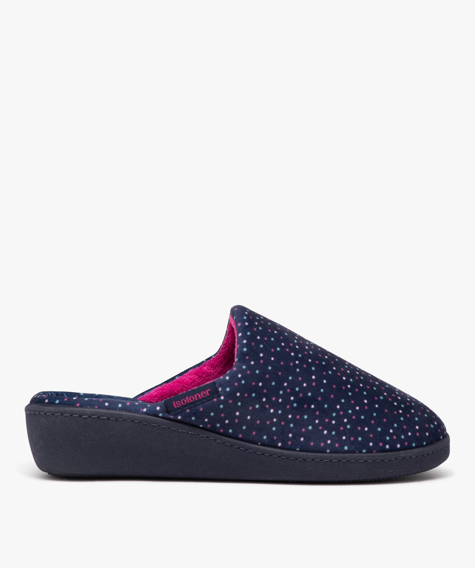 Chaussons femme mules à talon compensé en velours - Isotoner marine | GEMO