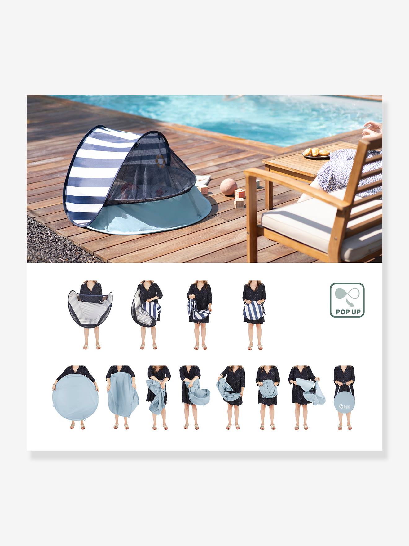 tente anti-UV UPF50+ pop-up Aquani BABYMOOV bleu blanc gris