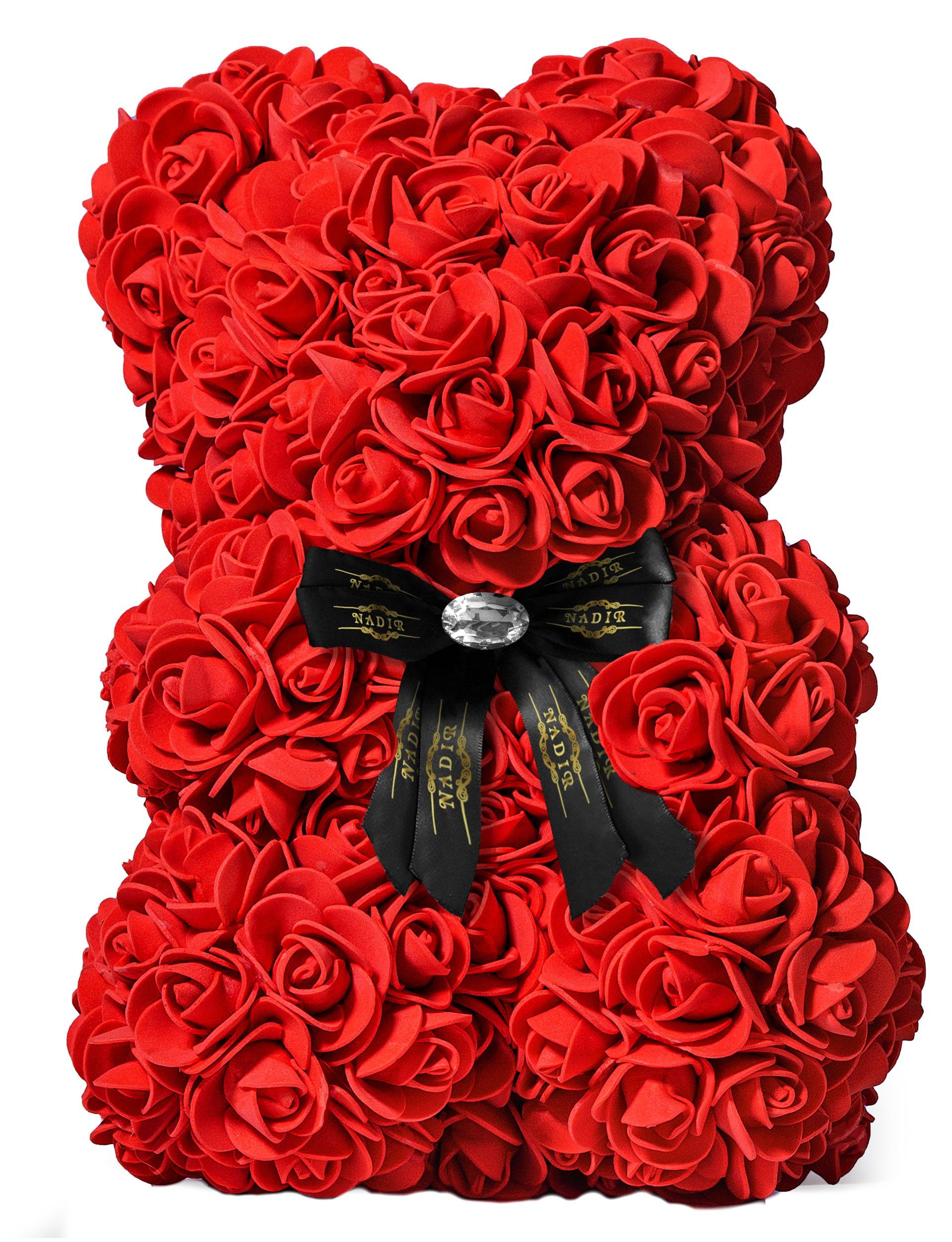 Kunstblume NADIR Rosenbär 25 cm mit Schleife / inklusive vorverpackter Geschenkbox/ Valentinstag Muttertag Geburtstag Jahrestag Infinity Rosebear Bär aus Rosen Flower Teddy Teddybär Blütenbär Künstliche Pflanze, NADIR
