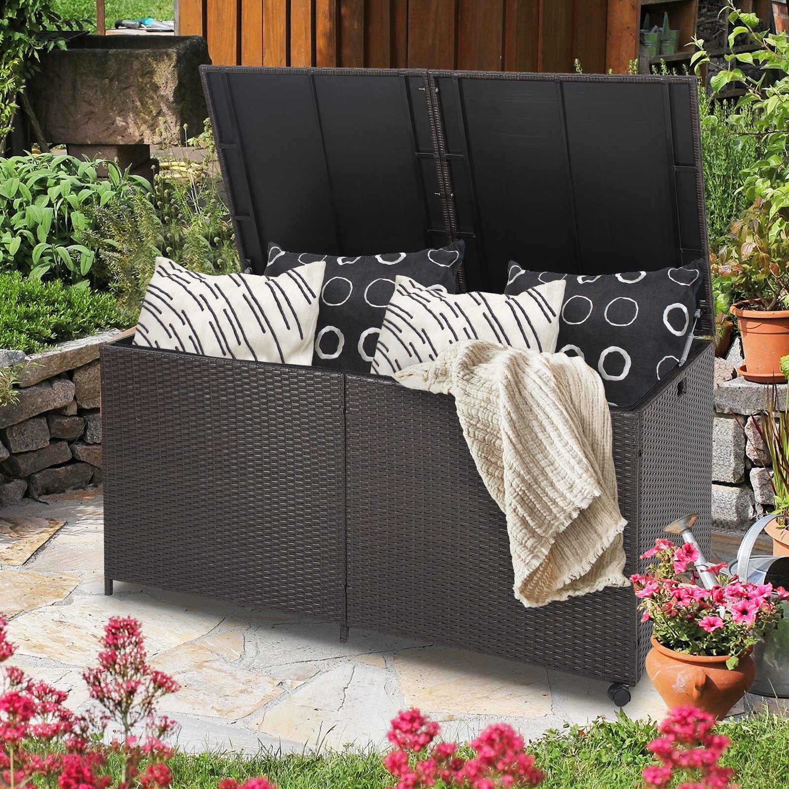 COSTWAY Auflagenbox 662L, wasserdicht, Rattan, mit Rollen, groß, 150x77x73cm