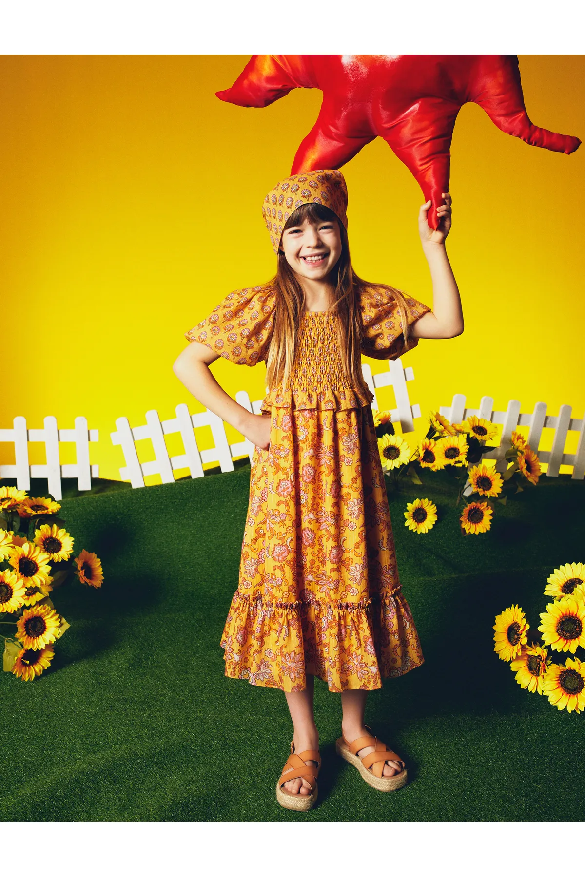 Koton  Kleid mit Blumenmuster, Ballonärmeln, quadratischem Kragen aus Baumwolle, gefüttert
