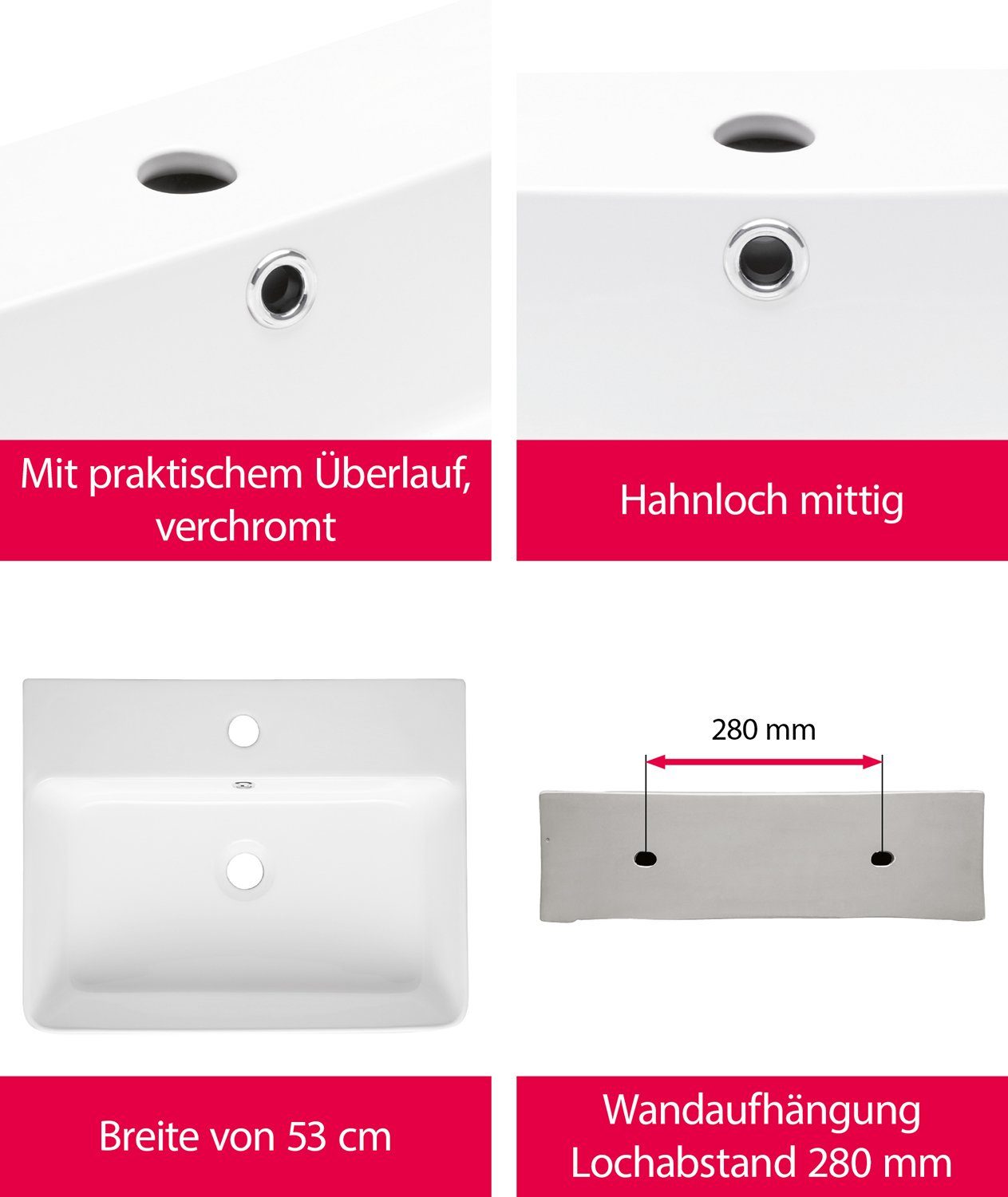 aquaSu Waschbecken Amico (Hänge-Waschtisch, 1-St), 53 cm, Keramik, Weiß, Überlauf, Hahnloch mittig, 562263