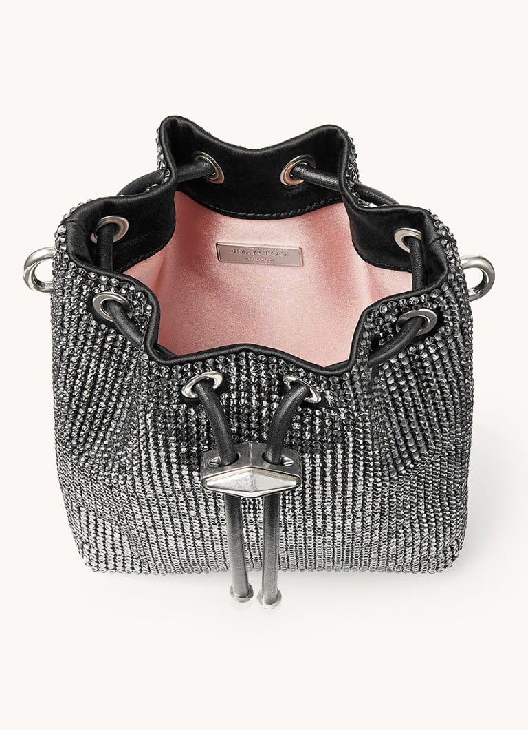 Geantă mini Jimmy Choo Cinch din satin cu detalii din piele de vițel.