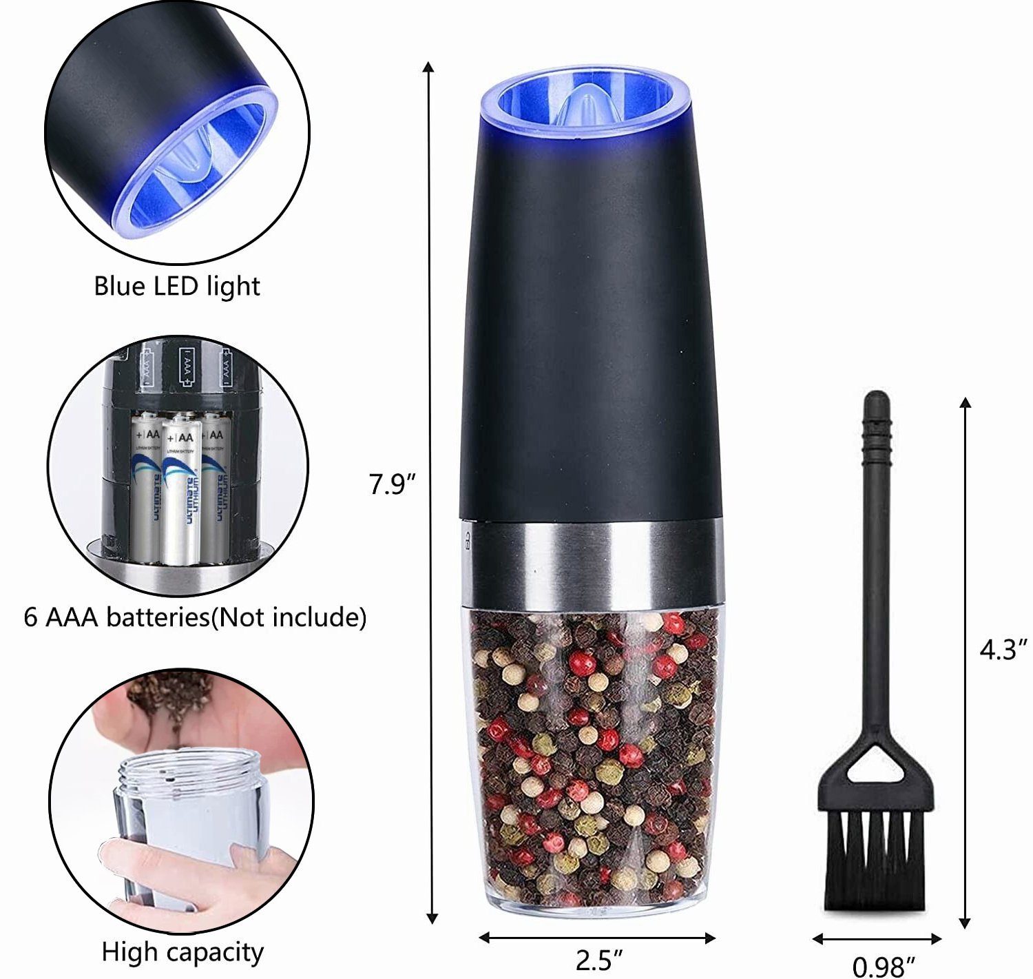 OKA Salzmühle Salz und Pfeffer Mühle Elektrisch Gewürzmühle elektrisch, mit Blauem LED-Licht,Salz und Pfeffermühle Elektrische set